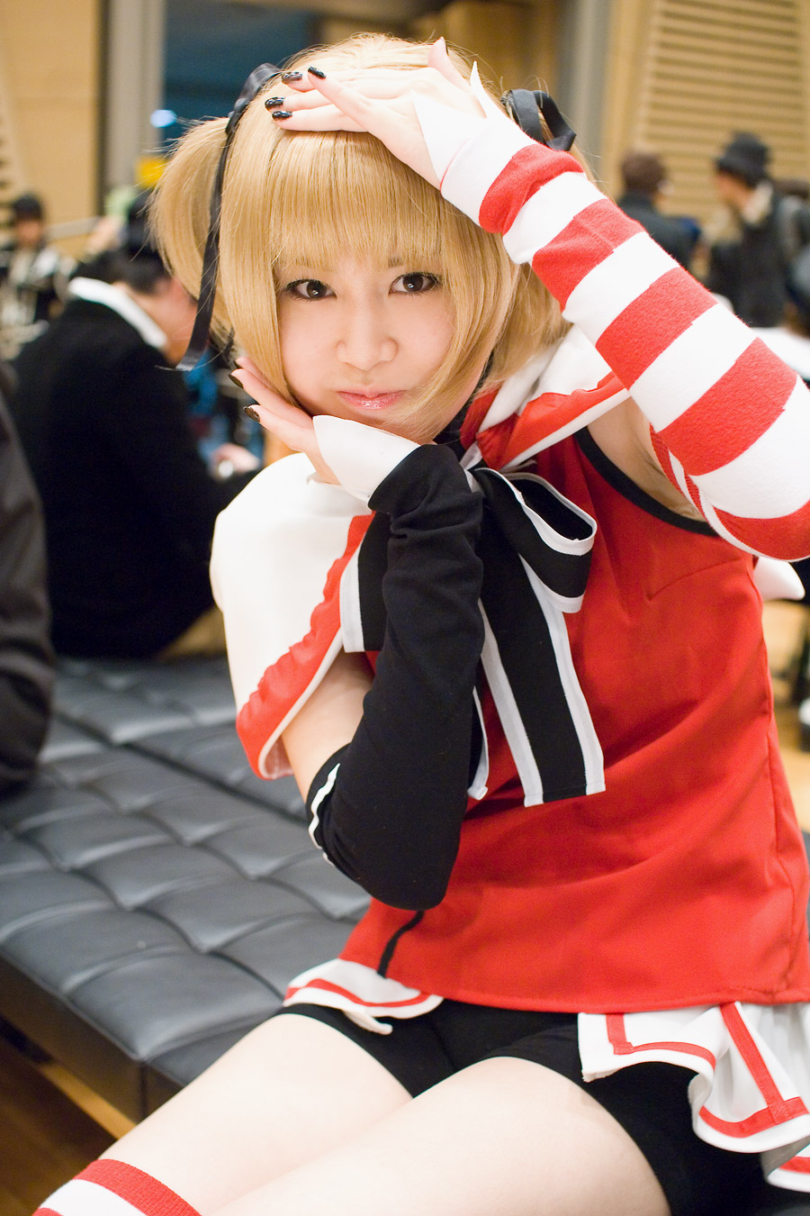 real life, artist request, character request, highres, photo (medium), source request, 1girl, bike shorts, cosplay, kikiwan, single thighhigh, solo focus, thighhighs