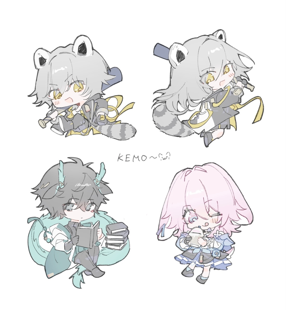 caelus (honkai: star rail), dan heng (honkai: star rail), dan heng (hunt) (honkai: star rail), march 7th (honkai: star rail), march 7th (preservation) (honkai: star rail), stelle (honkai: star rail), trailblazer (honkai: star rail), honkai: star rail, honkai (series), commentary request, highres, 2boys, 2girls, 32c1ff, animal ears, baseball bat, black boots, black choker, black coat, black gloves, black hair, black jacket, black pants, black shirt, black shoes, black skirt, blue coat, blue eyes, blue jacket, blue skirt, blush stickers, book, book stack, boots, camera, chibi, chibi only, chinese clothes, choker, closed mouth, coat, crossed bangs, cup, disposable cup, dragon boy, dragon horns, dragon tail, drink, drinking straw, dual persona, full body, gloves, green eyes, grey hair, hair between eyes, holding, holding baseball bat, holding book, hood, hooded coat, horns, jacket, jumping, kemonomimi mode, lapels, long hair, long sleeves, looking at object, miniskirt, multicolored coat, multicolored eyes, multiple boys, multiple girls, one eye closed, open book, open clothes, open coat, open mouth, pants, partially fingerless gloves, pink hair, pleated skirt, purple eyes, rabbit ears, rabbit tail, raccoon ears, raccoon tail, shirt, shoes, short hair, simple background, single glove, sitting, skirt, smile, standing, t-shirt, tail, tied jacket, tongue, tongue out, two-tone coat, v-shaped eyebrows, white background, white coat, white shirt, yellow eyes