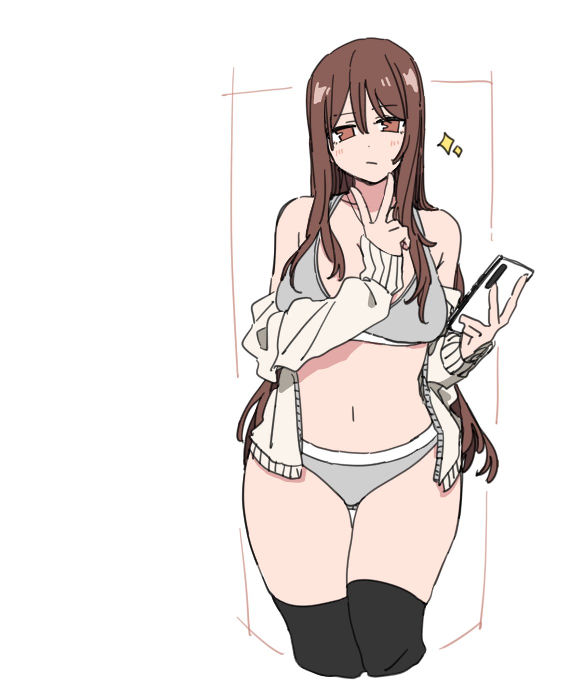 durindana 7, original, highres, tagme, bra, breasts, brown eyes, brown hair, cellphone, grey bra, grey panties, jitome, large breasts, long hair, navel, panties, phone, simple background, smartphone, standing, star (symbol), underwear, v, white background