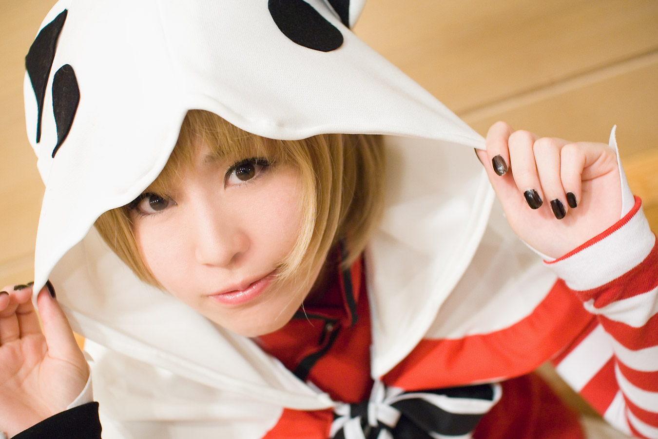 artist request, character request, photo (medium), source request, animal hood, black nails, cat hood, cosplay, hood, kikiwan, upper body