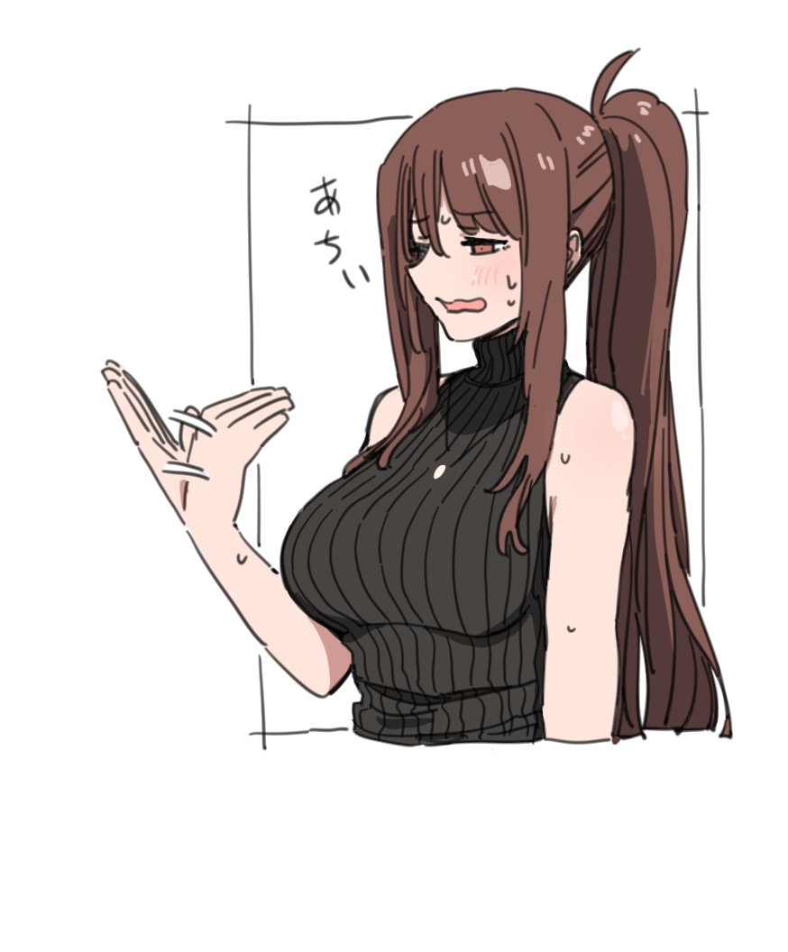 durindana 7, original, tagme, breasts, brown eyes, brown hair, fanning self, large breasts, long hair, ponytail, simple background, sweat, sweater, turtleneck, turtleneck sweater, white background