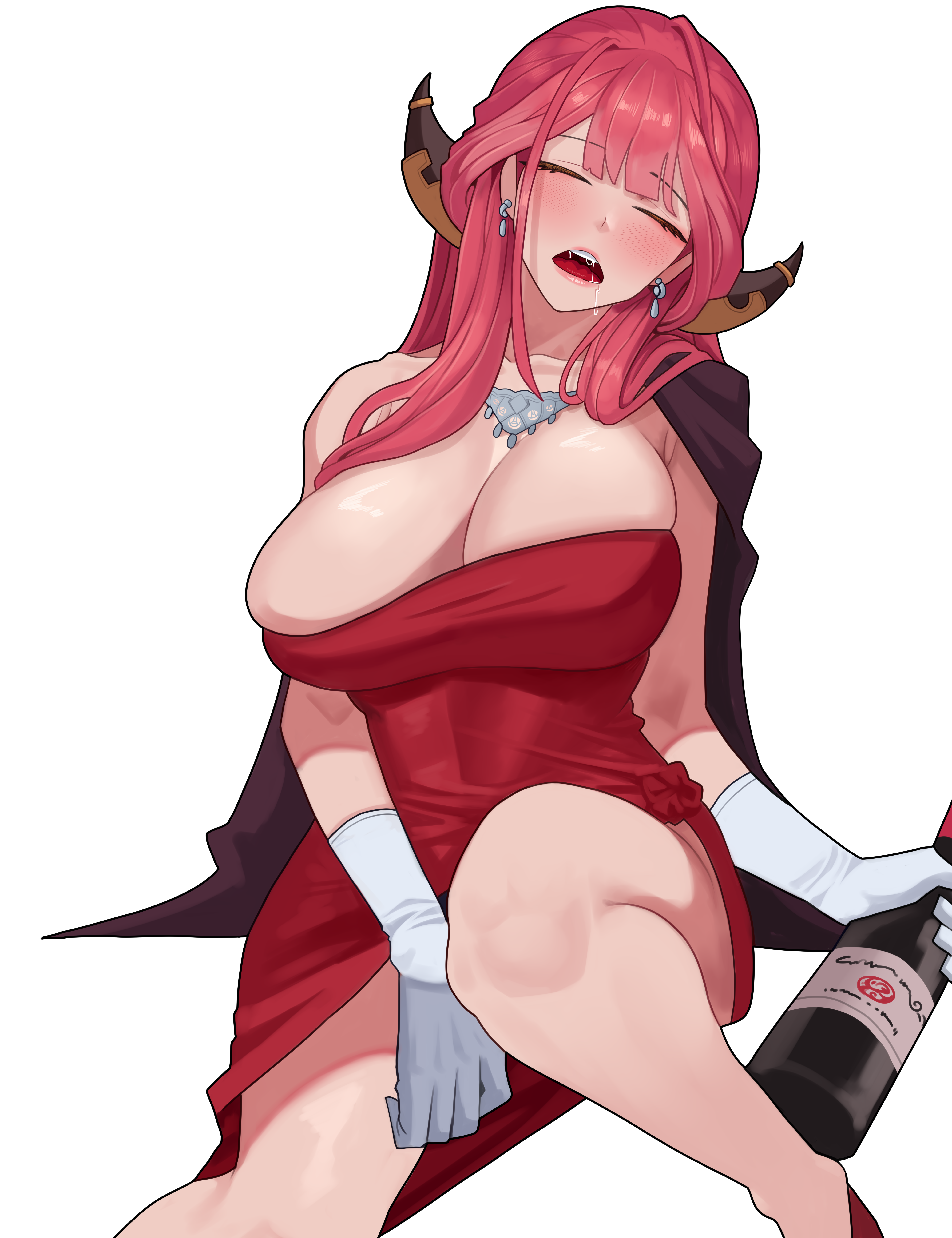 arapanchi, aru (blue archive), aru (dress) (blue archive), blue archive, absurdres, commentary, highres, 1girl, armpit crease, blush, bottle, breasts, cleavage, closed eyes, dress, drooling, earrings, facing viewer, glass bottle, gloves, holding, holding bottle, horns, jewelry, large breasts, long hair, necklace, official alternate costume, open mouth, parted bangs, pink hair, red dress, saliva, simple background, single bare shoulder, sitting, sleeping, sleeveless, sleeveless dress, solo, strapless, strapless dress, white background, white gloves