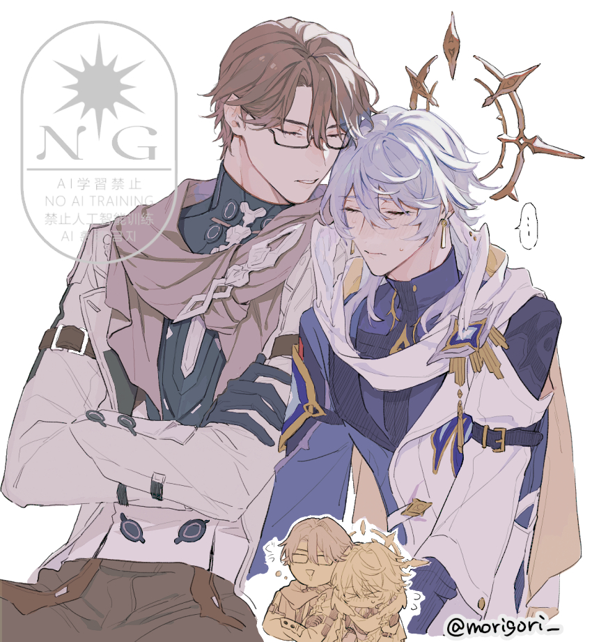 tonoko (cinq5), sunday (honkai: star rail), welt yang, honkai: star rail, honkai (series), commentary request, > <, …, 2boys, artist name, belt, black-framed eyewear, black belt, black gloves, black shirt, blue jacket, brown hair, brown pants, buttons, cape, closed eyes, closed mouth, crossed arms, drooling, earrings, feathered wings, glasses, gloves, gold earrings, grey hair, grey scarf, hair between eyes, halo, halo behind head, head wings, jacket, jewelry, lapels, leaning on person, long sleeves, male focus, multicolored hair, multiple boys, no mouth, open mouth, pants, piercing, purple shirt, scarf, semi-rimless eyewear, shirt, short hair, sidelocks, simple background, sitting, sleeping, smile, speech bubble, spoken ellipsis, streaked hair, sweatdrop, tassel, teeth, two-sided fabric, two-sided jacket, watermark, white background, white hair, white jacket, wing piercing, wings, yellow cape