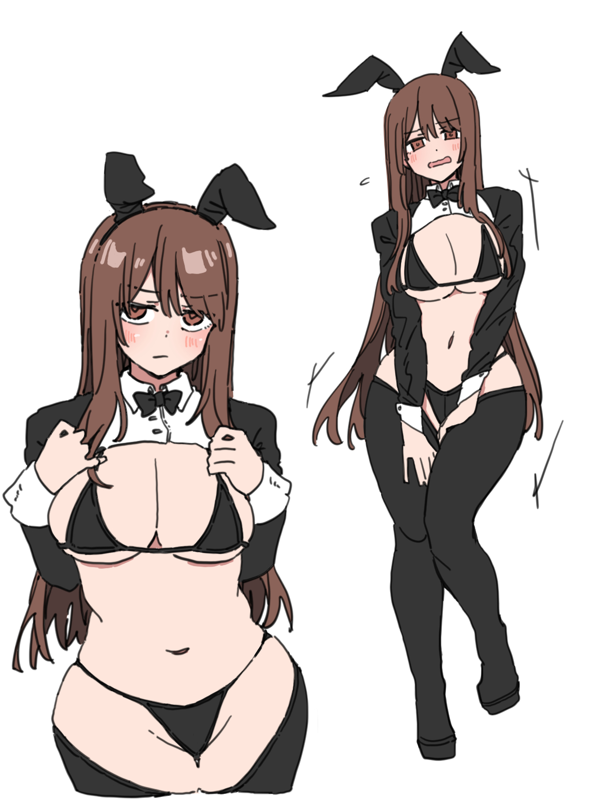 durindana 7, original, highres, tagme, animal ears, bikini, black bikini, black thighhighs, breast suppress, breasts, brown eyes, brown hair, large breasts, long hair, rabbit ears, simple background, swimsuit, thighhighs