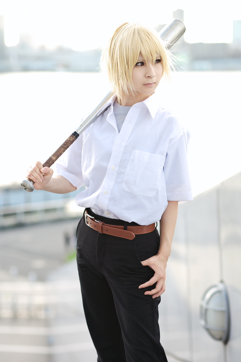 houjou satoshi, higurashi no naku koro ni, highres, photo (medium), amamiya laiko, baseball bat, blonde hair, cosplay, school uniform, serafuku