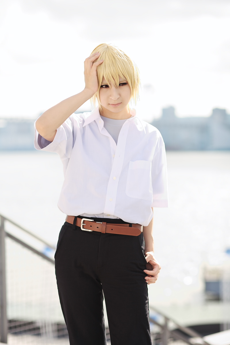 houjou satoshi, higurashi no naku koro ni, highres, photo (medium), amamiya laiko, blonde hair, cosplay, school uniform, serafuku