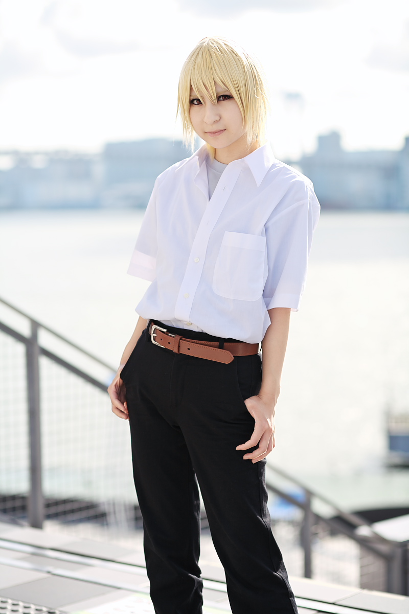 houjou satoshi, higurashi no naku koro ni, highres, photo (medium), amamiya laiko, blonde hair, cosplay, school uniform, serafuku