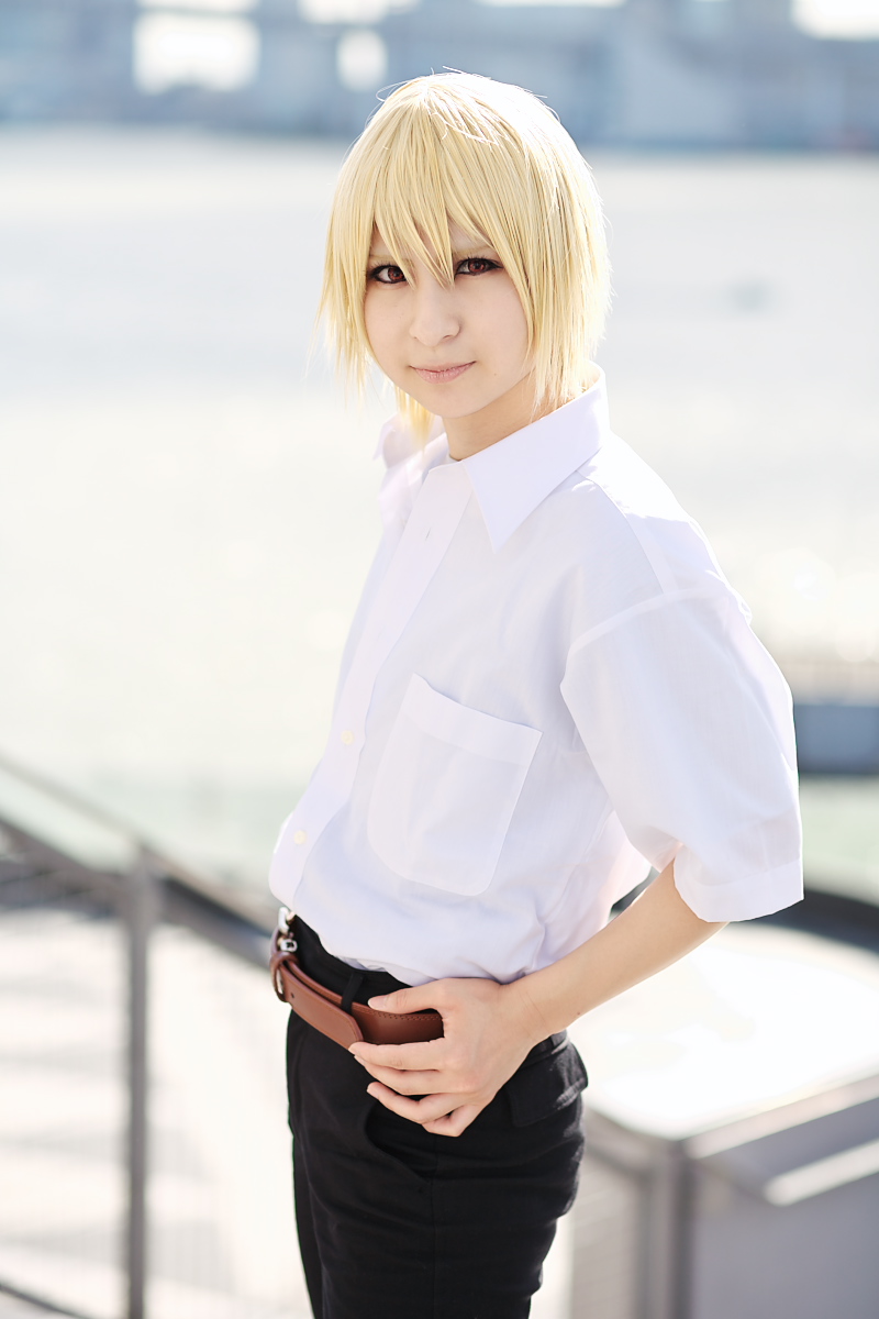 houjou satoshi, higurashi no naku koro ni, highres, photo (medium), amamiya laiko, blonde hair, cosplay, school uniform, serafuku