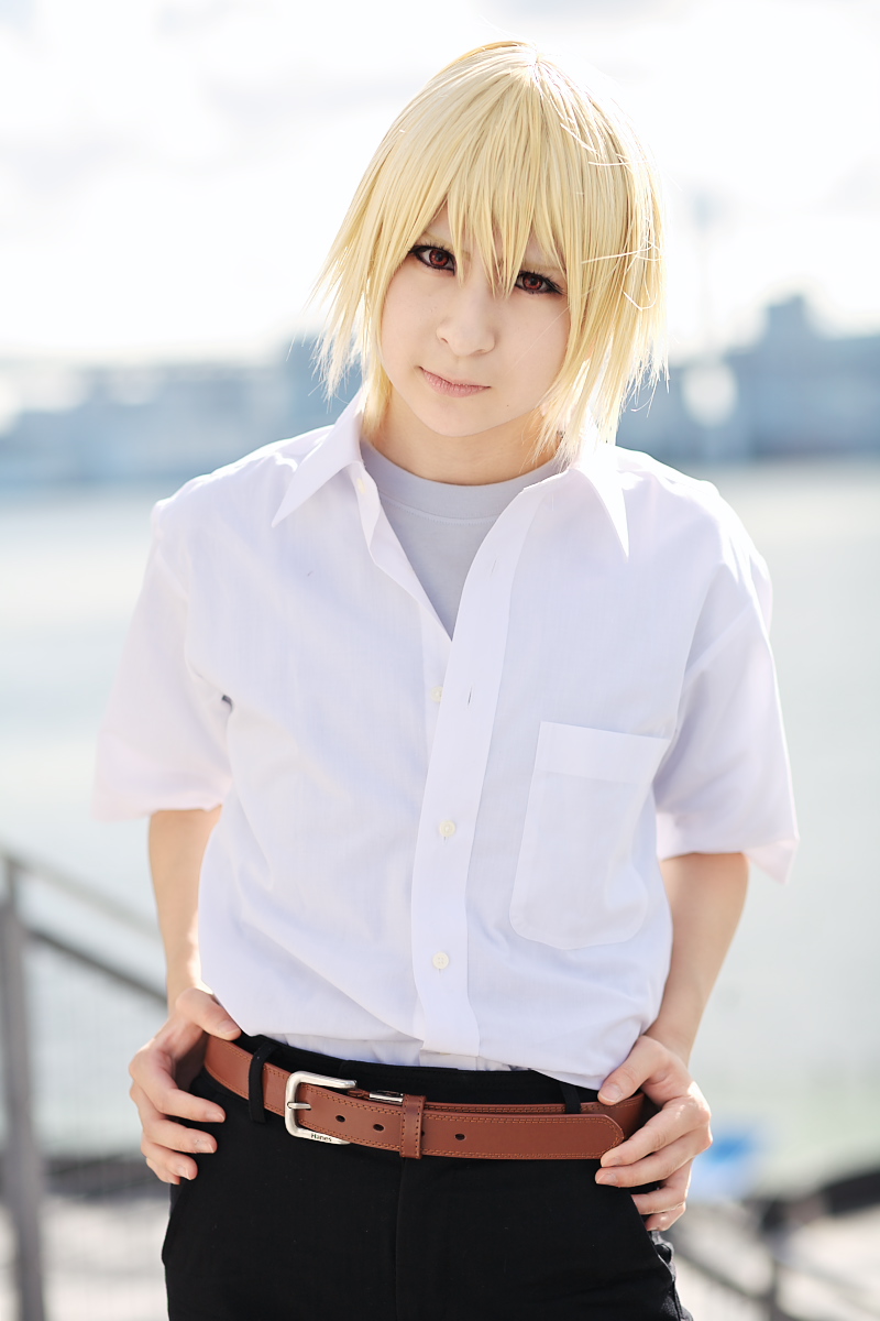 houjou satoshi, higurashi no naku koro ni, highres, photo (medium), amamiya laiko, blonde hair, cosplay, school uniform, serafuku