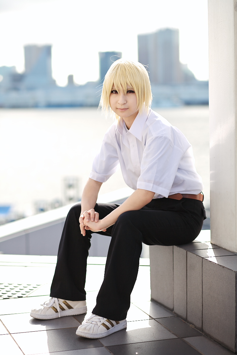houjou satoshi, higurashi no naku koro ni, highres, photo (medium), amamiya laiko, blonde hair, cosplay, school uniform, serafuku
