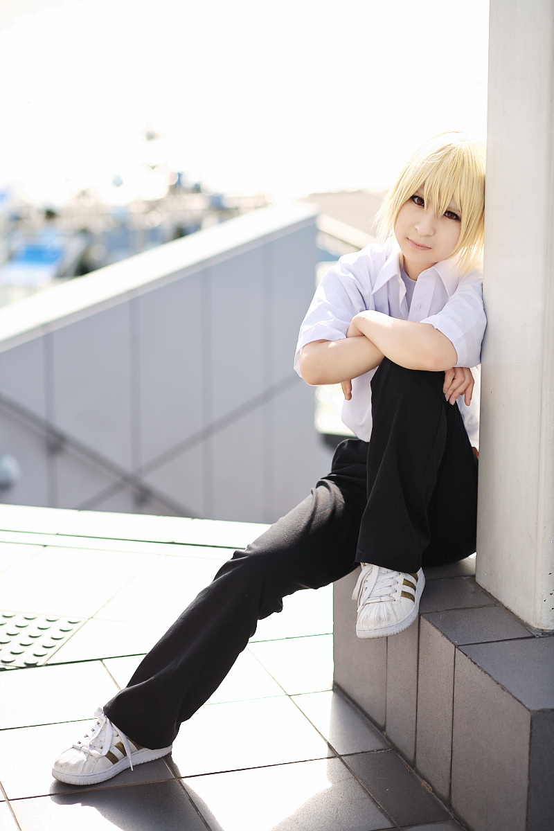 houjou satoshi, higurashi no naku koro ni, highres, photo (medium), amamiya laiko, blonde hair, cosplay, school uniform, serafuku