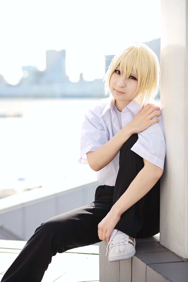 houjou satoshi, higurashi no naku koro ni, highres, photo (medium), amamiya laiko, blonde hair, cosplay, school uniform, serafuku