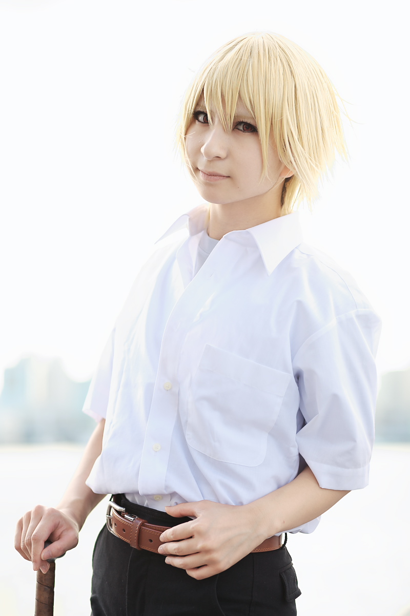 houjou satoshi, higurashi no naku koro ni, highres, photo (medium), amamiya laiko, baseball bat, blonde hair, cosplay, school uniform, serafuku