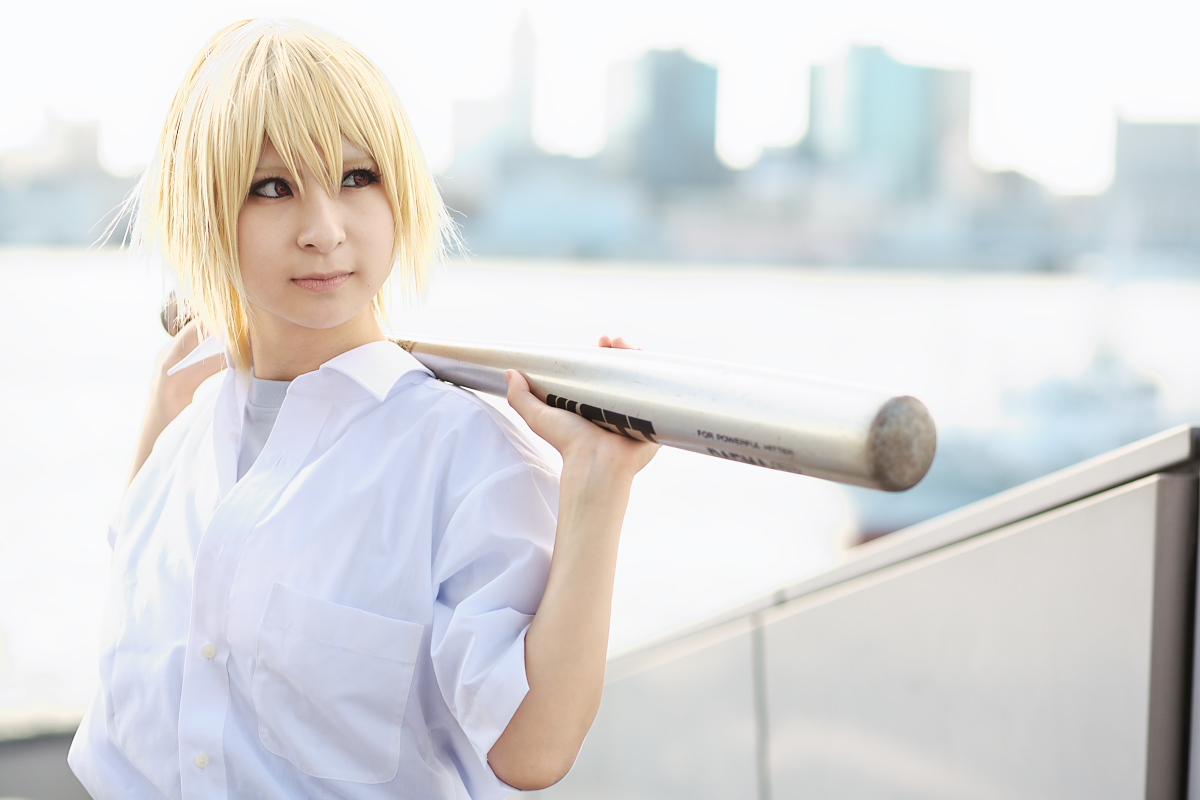 houjou satoshi, higurashi no naku koro ni, photo (medium), amamiya laiko, baseball bat, blonde hair, cosplay, school uniform, serafuku