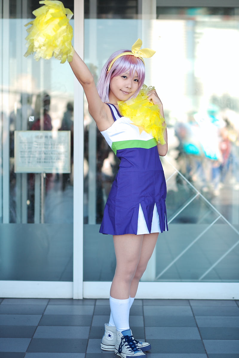 hiiragi tsukasa, lucky star, highres, photo (medium), bow, cheerleader, cosplay, hair bow, maritsuki haru, pom pom (cheerleading), purple hair