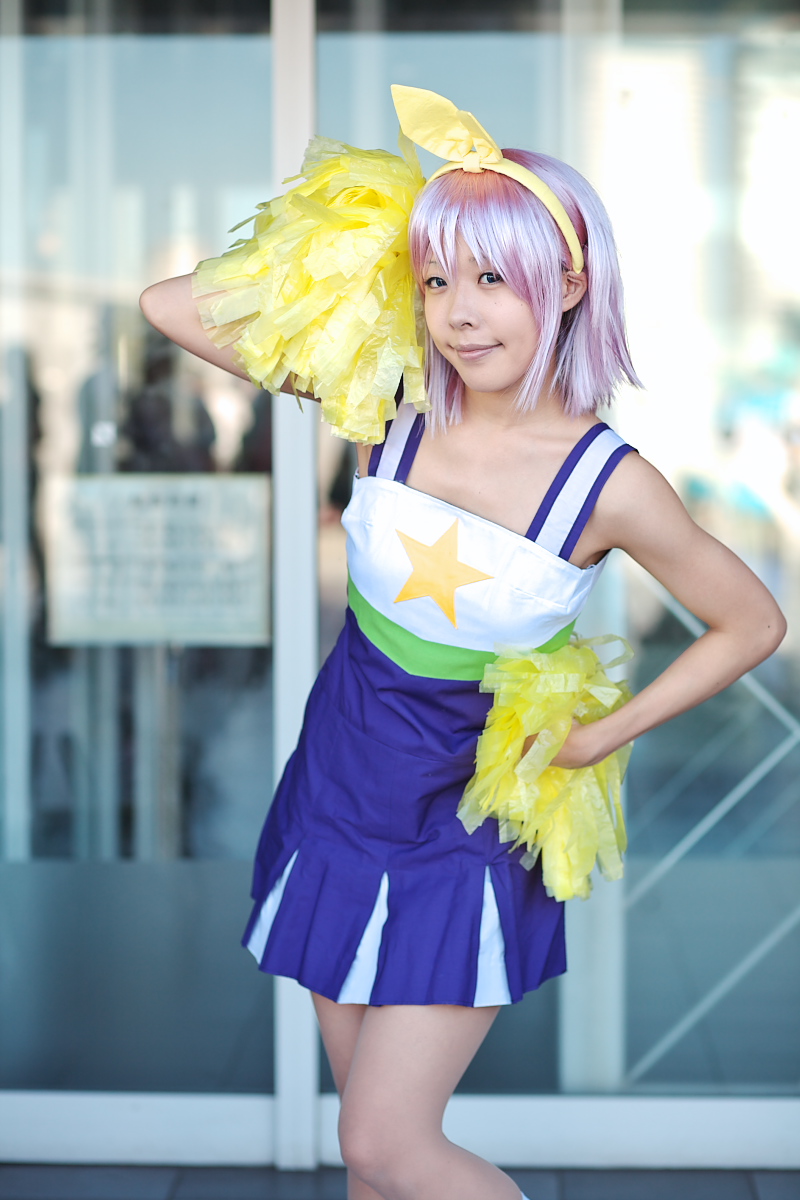 hiiragi tsukasa, lucky star, highres, photo (medium), bow, cheerleader, cosplay, hair bow, maritsuki haru, pom pom (cheerleading), purple hair