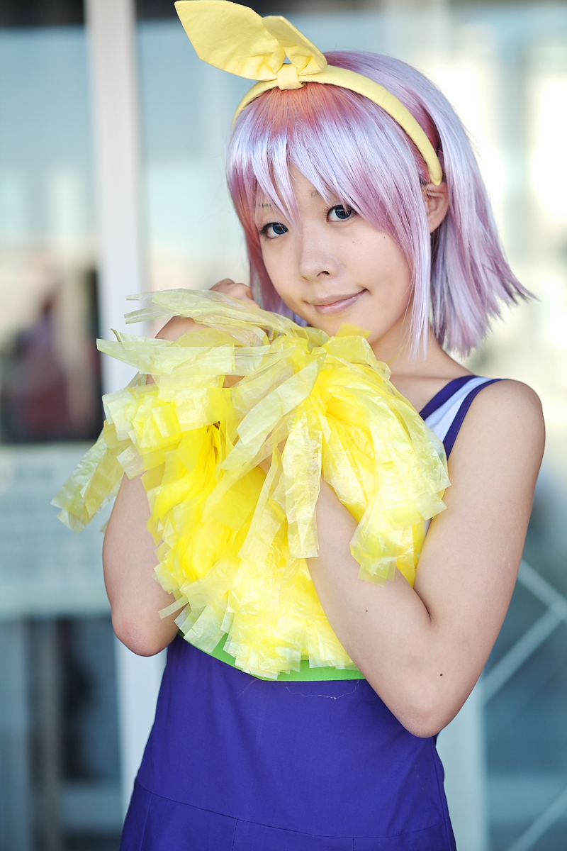 hiiragi tsukasa, lucky star, highres, photo (medium), bow, cheerleader, cosplay, hair bow, maritsuki haru, pom pom (cheerleading), purple hair