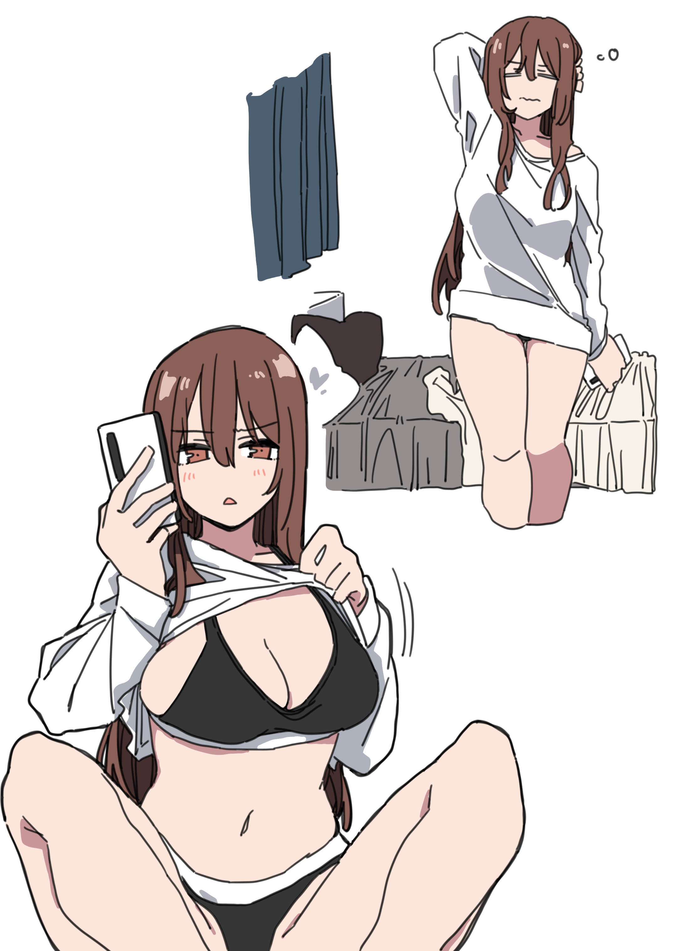 durindana 7, original, absurdres, highres, tagme, black sports bra, black sports panties, breasts, brown eyes, brown hair, cellphone, clothes lift, hair between eyes, large breasts, long hair, phone, shirt lift, simple background, smartphone, sports bra, thighs