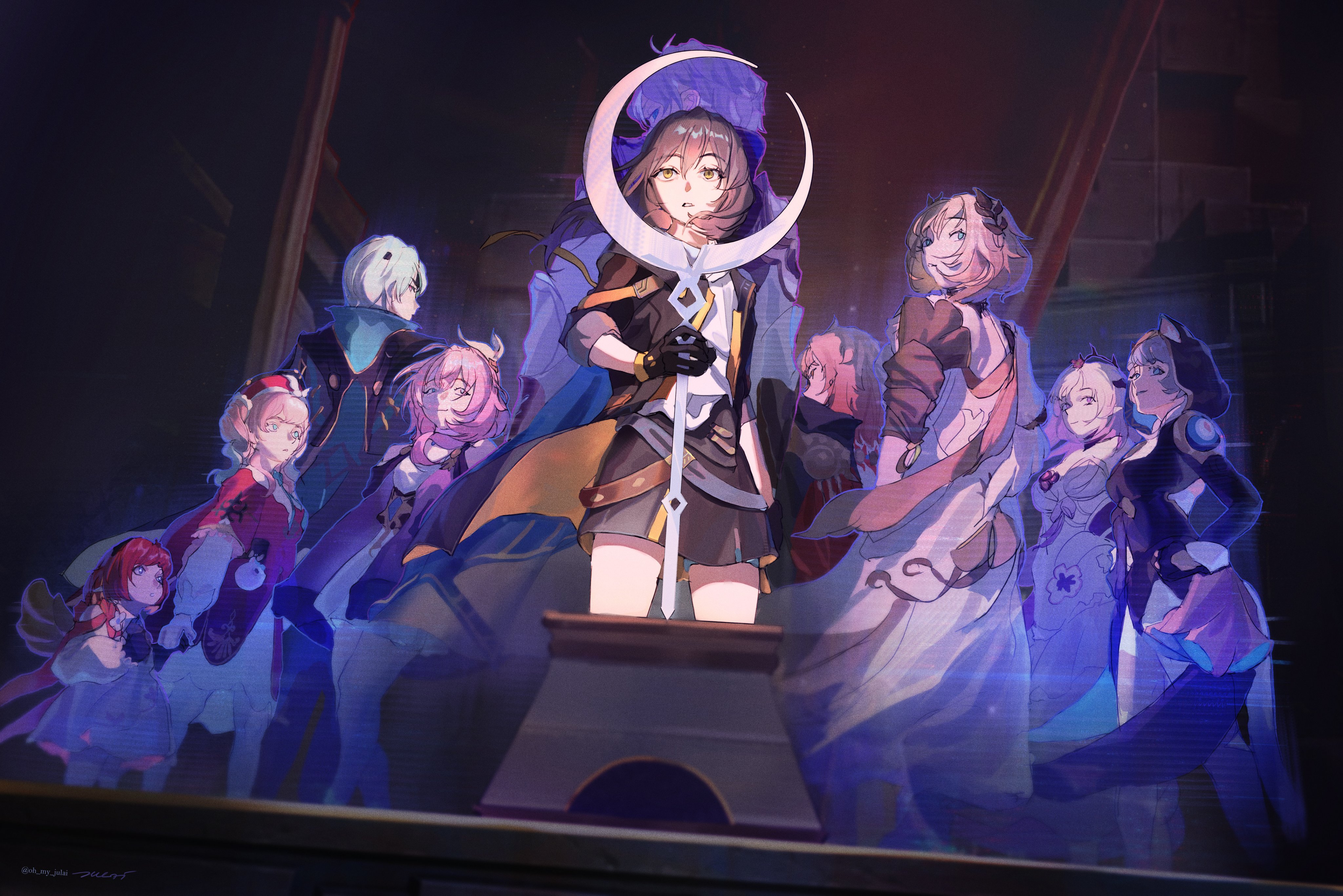aglaea (honkai: star rail), anaxa (honkai: star rail), castorice (honkai: star rail), cipher (honkai: star rail), cyrene (honkai: star rail), hyacine (honkai: star rail), little ica (honkai: star rail), mydei (honkai: star rail), phainon (honkai: star rail), stelle (honkai: star rail), trailblazer (honkai: star rail), tribbie (honkai: star rail), honkai: star rail, honkai (series), absurdres, hashtag-only commentary, highres, 3boys, 6+girls, ancient greek clothes, animal ears, antenna hair, artist name, back, bare back, bare shoulders, belt, black bodysuit, black gloves, black hairband, black jacket, black shirt, black skirt, black tiara, blonde hair, blue cape, blue eyes, blue hair, blunt bangs, body markings, bodysuit, breasts, cape, cat ears, cat girl, cat tail, ceremonial blade (honkai: star rail), charm (object), chrysos heirs (honkai: star rail), closed mouth, cowboy shot, crescent, dress, eyepatch, floating clothes, flower, flower ornament, from behind, gloves, gradient hair, greco-roman clothes, green hair, grey belt, grey hair, hair between eyes, hair flower, hair ornament, hair ribbon, hairband, hand up, hands on own hips, hat, holding, holding weapon, hood, hooded bodysuit, jacket, laurel crown, long hair, long sleeves, looking at another, looking at object, looking at viewer, looking back, medium breasts, medium hair, mini wings, miniskirt, multicolored hair, multiple boys, multiple girls, oh my julai, open clothes, open jacket, pantyhose, pink hair, pointy ears, puffy long sleeves, puffy sleeves, purple eyes, purple flower, purple jacket, red cape, red dress, red hair, red hat, ribbon, shirt, short hair, short sleeves, sidelocks, skirt, sleeveless, sleeveless dress, smile, standing, t-shirt, tail, teeth, thigh strap, tiara, twintails, two-sided cape, two-sided fabric, two-sided jacket, two-tone dress, v-shaped eyebrows, weapon, white dress, white hair, white jacket, white pantyhose, white ribbon, white shirt, wings, yellow cape, yellow eyes, yellow jacket