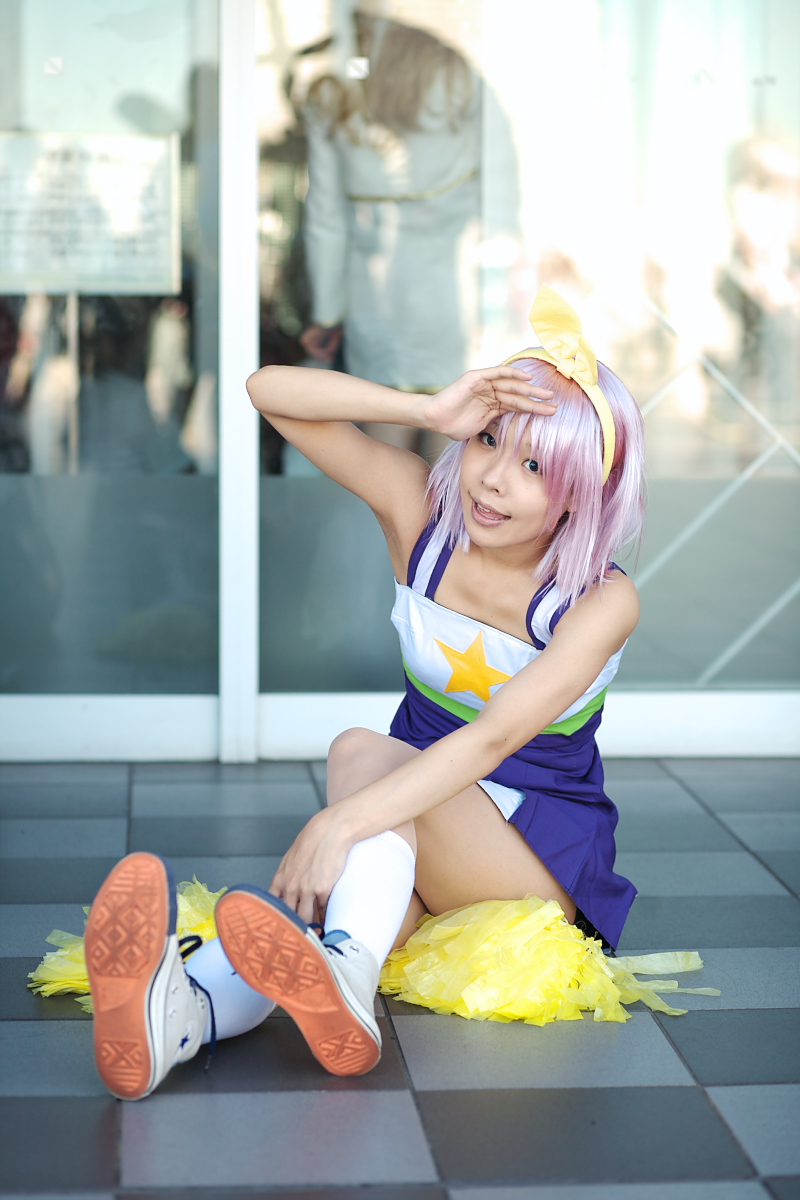 hiiragi tsukasa, lucky star, highres, photo (medium), bow, cheerleader, cosplay, hair bow, maritsuki haru, pom pom (cheerleading), purple hair, upskirt