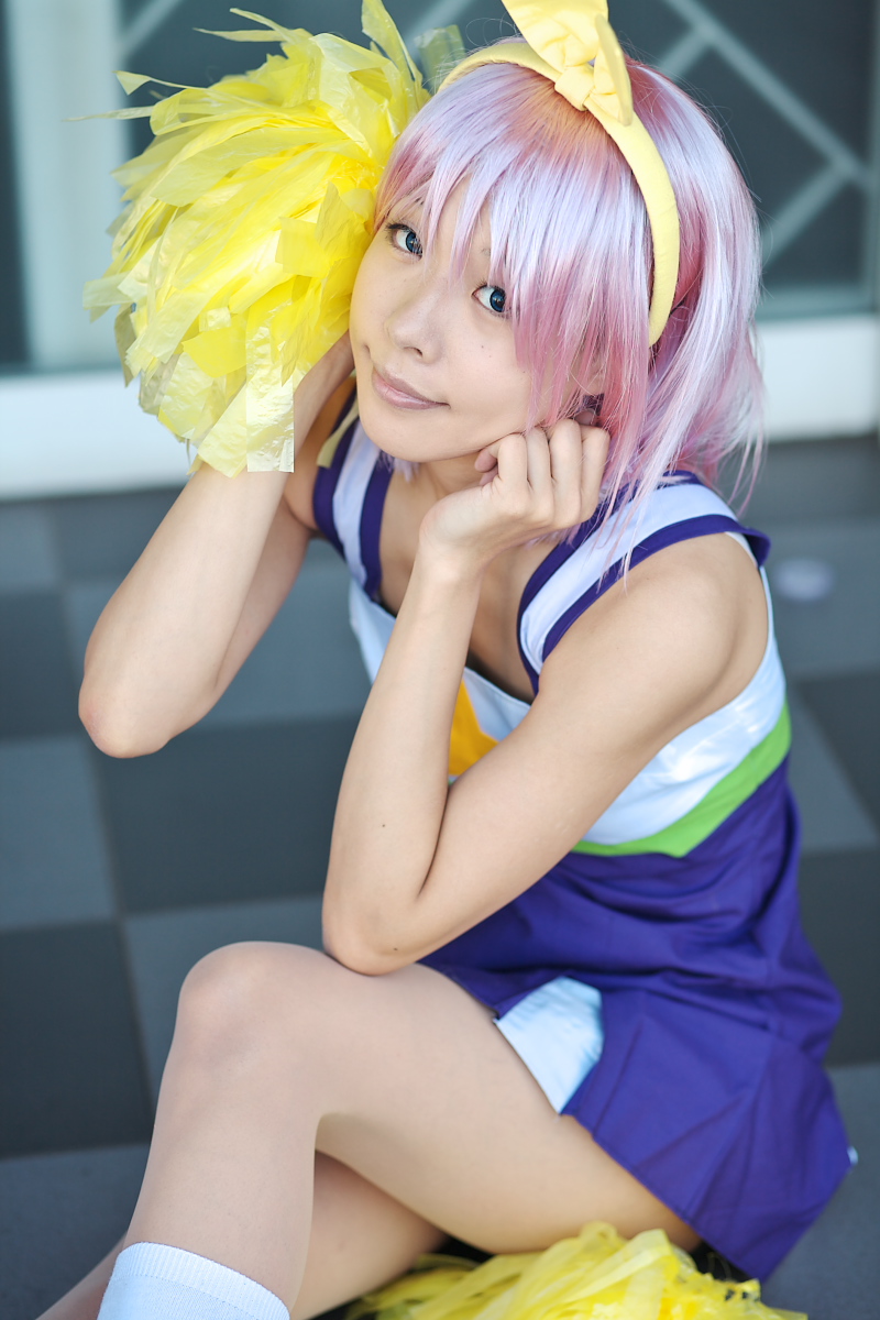 hiiragi tsukasa, lucky star, highres, photo (medium), bow, cheerleader, cosplay, hair bow, maritsuki haru, pom pom (cheerleading), purple hair