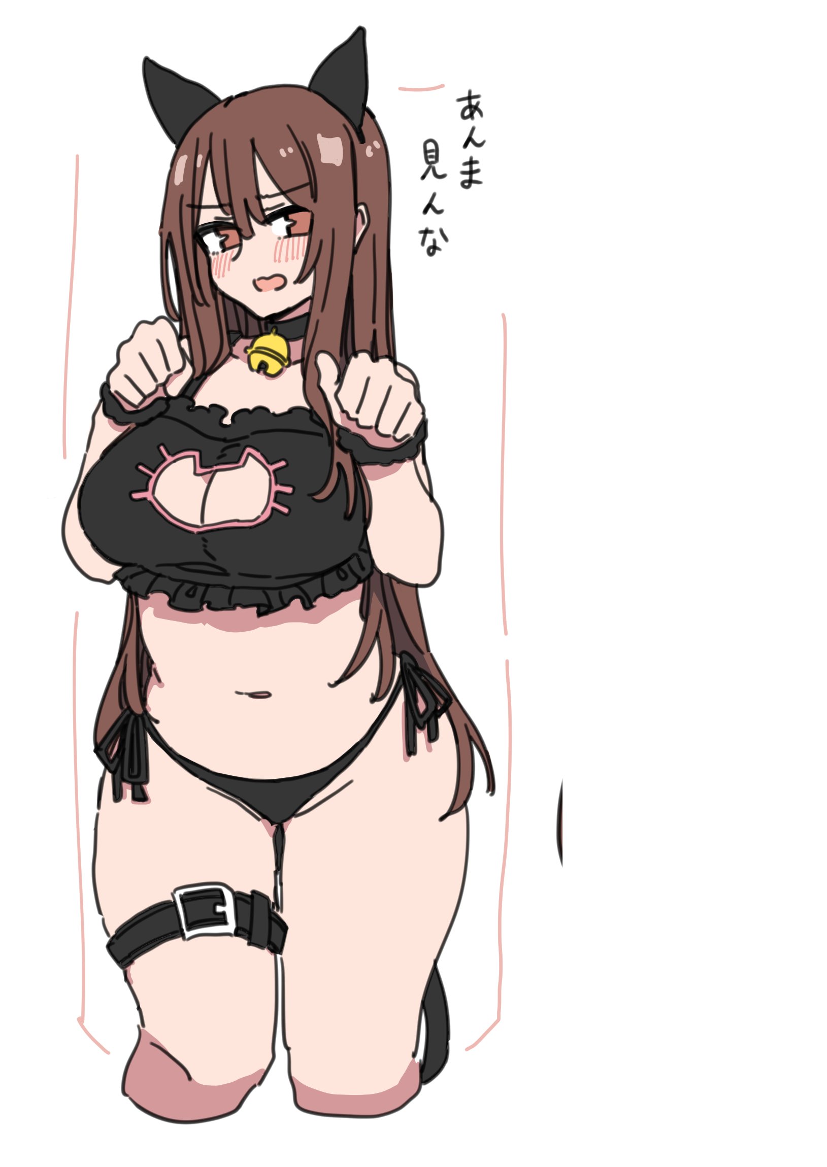 durindana 7, original, highres, tagme, animal ears, bell, belt, breasts, brown eyes, brown hair, cat ears, cat lingerie, large breasts, long hair, neck bell, simple background, thigh belt, thigh strap