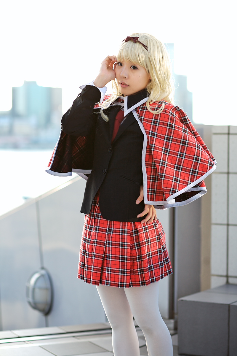 mashiro rima, shugo chara!, bad id, highres, photo (medium), source request, 1girl, black eyes, blazer, blonde hair, bow, cape, cosplay, female focus, hair bow, jacket, maritsuki haru, pantyhose, plaid clothes, plaid skirt, pleated skirt, red skirt, school uniform, skirt, solo, white pantyhose