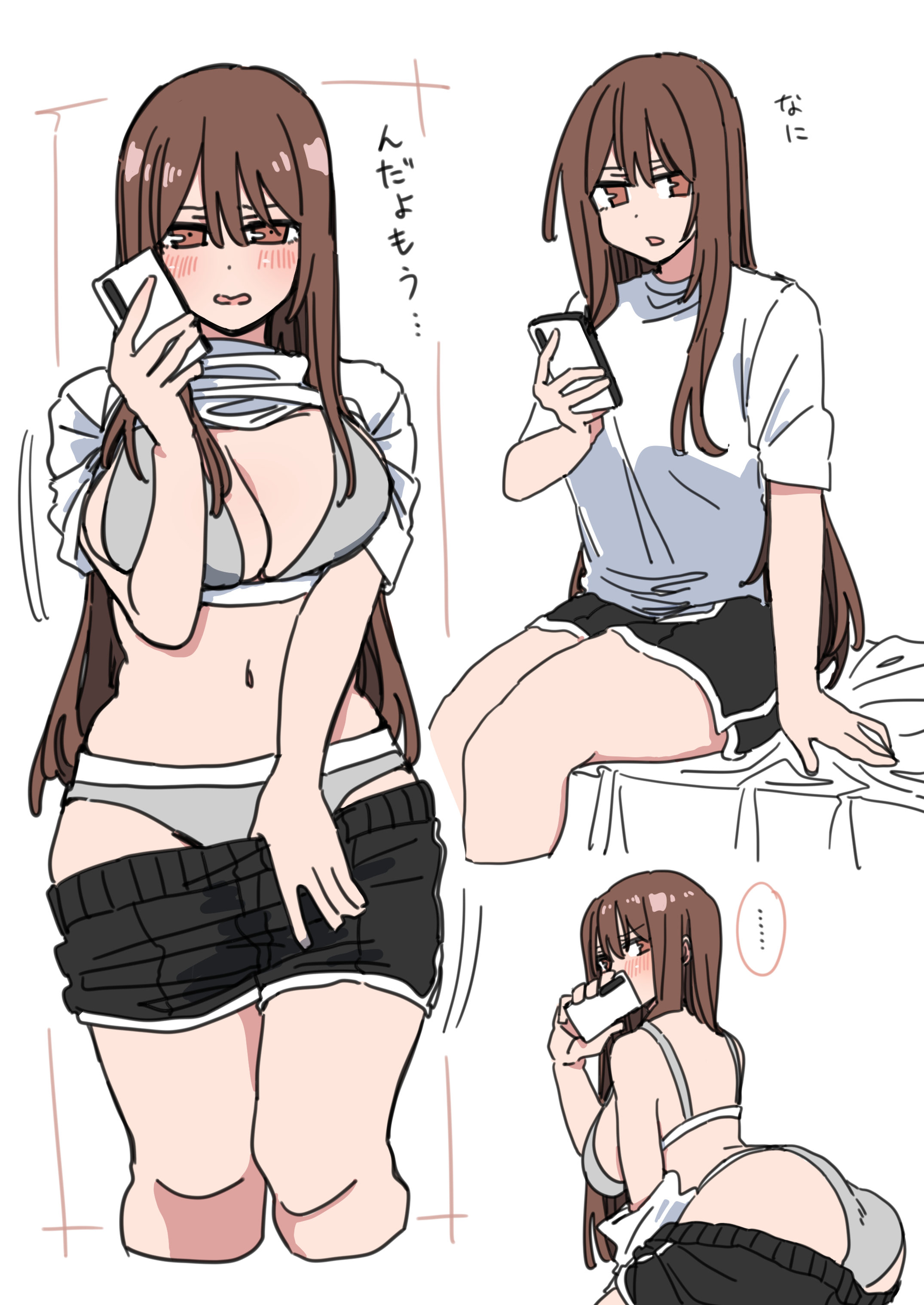 durindana 7, original, absurdres, highres, tagme, 1girl, ass, black shorts, breasts, brown eyes, brown hair, cellphone, clothes pull, dolphin shorts, grey sports bra, grey sports panties, large breasts, long hair, multiple views, navel, phone, shirt, shorts, shorts pull, simple background, sitting, smartphone, sports bra, white shirt