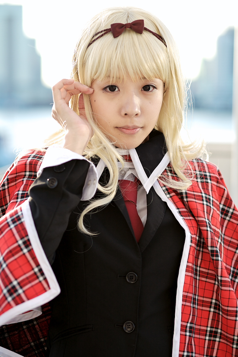 mashiro rima, shugo chara!, character request, highres, photo (medium), source request, blazer, blonde hair, bow, cape, cosplay, hair bow, jacket, maritsuki haru, school uniform