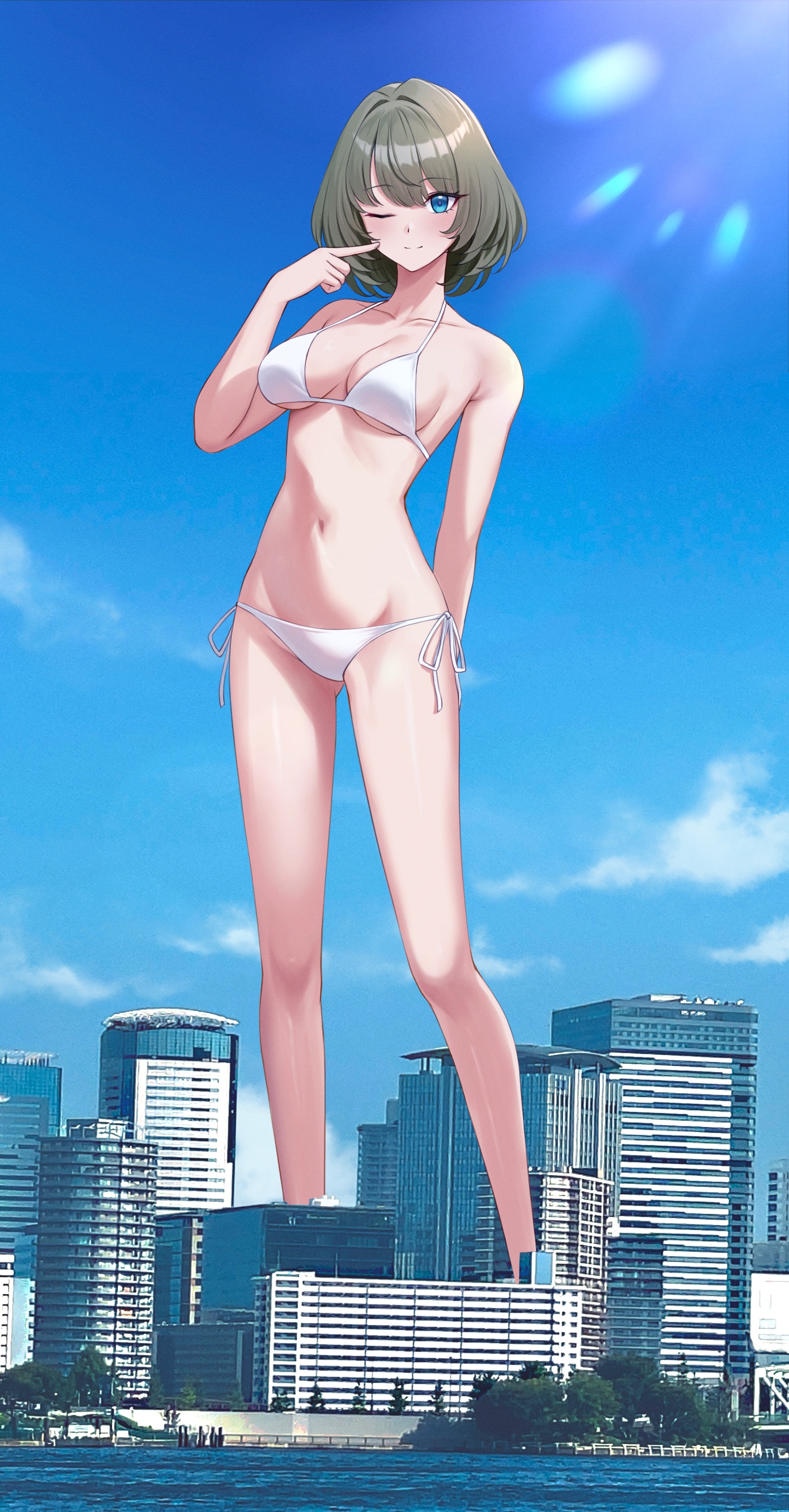 numaguro (tomokun0808), takagaki kaede, idolmaster, idolmaster cinderella girls, absurdres, commission, highres, skeb commission, 1girl, ;), eyes, arm behind back, bikini, blue eyes, breasts, city, closed mouth, finger to cheek, giant, giantess, green hair, hair intakes, heterochromia, looking at viewer, one eye closed, photo background, real world location, short hair, side-tie bikini bottom, smile, solo, standing, stomach, swimsuit, white bikini