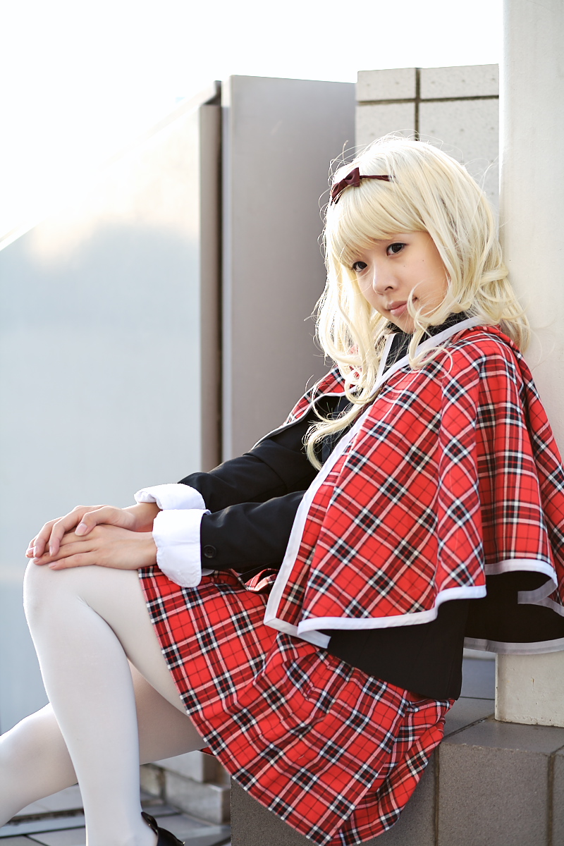 mashiro rima, shugo chara!, character request, highres, photo (medium), source request, blazer, blonde hair, bow, cape, cosplay, hair bow, jacket, maritsuki haru, pantyhose, pleated skirt, school uniform, skirt