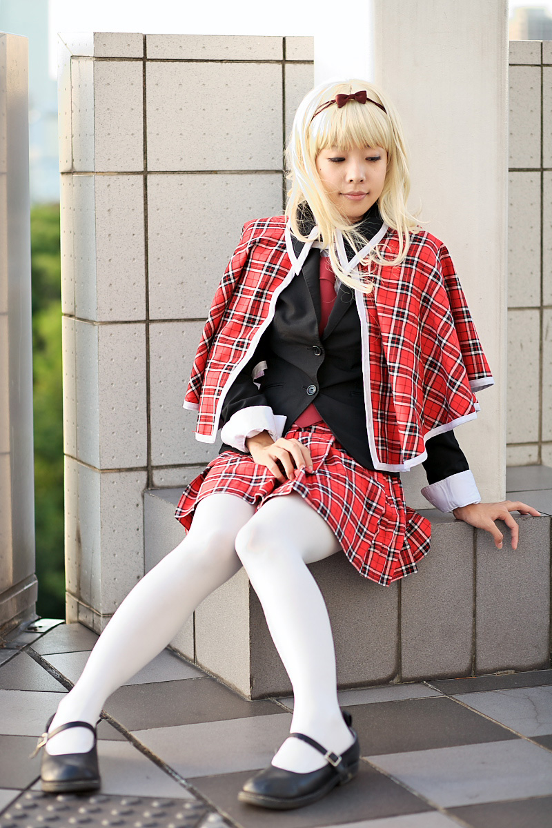 mashiro rima, shugo chara!, character request, highres, photo (medium), source request, blazer, blonde hair, bow, cape, cosplay, hair bow, jacket, maritsuki haru, pantyhose, pleated skirt, school uniform, skirt