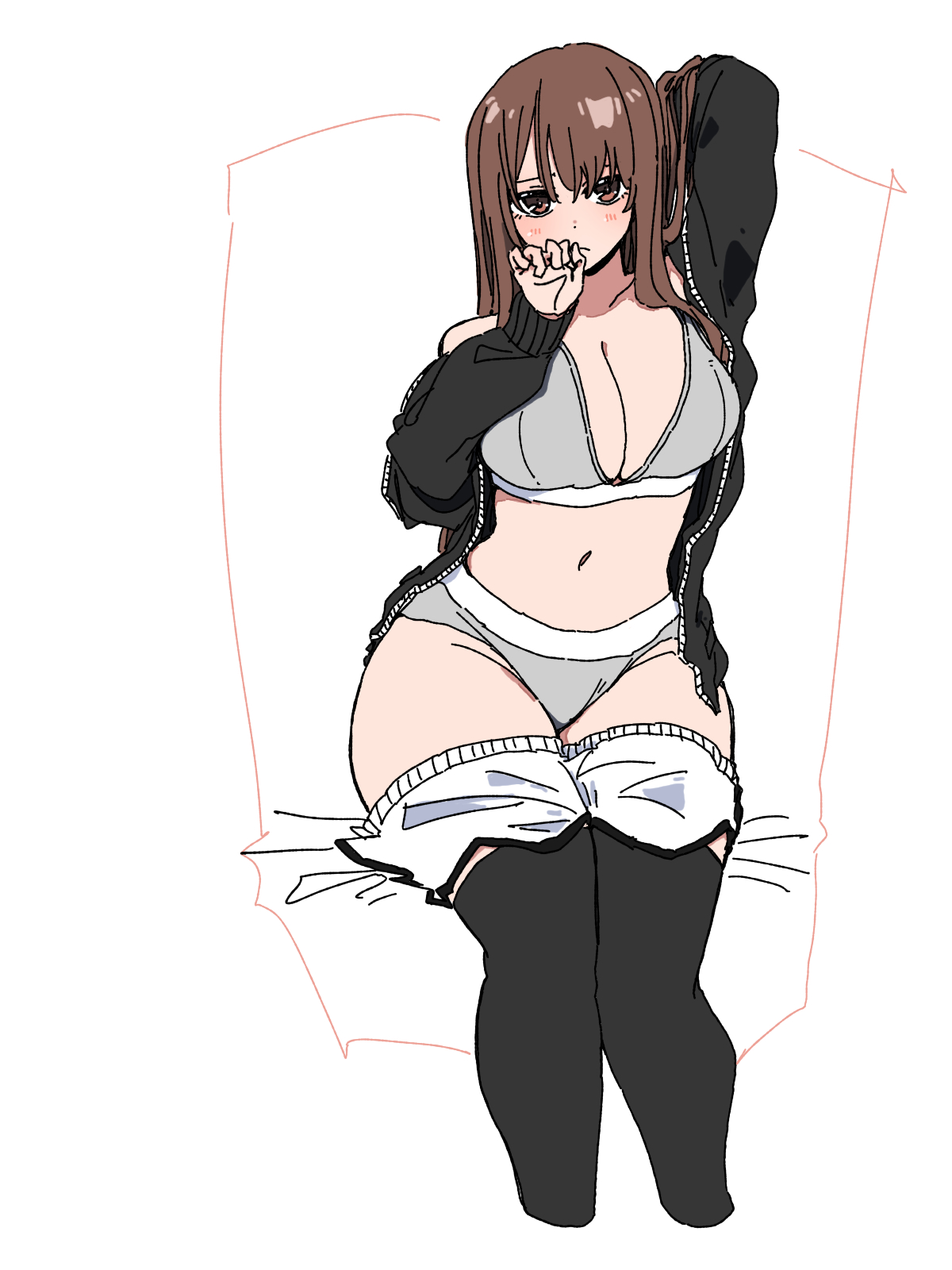 durindana 7, original, highres, tagme, black thighhighs, bra, breasts, brown eyes, brown hair, grey bra, grey panties, large breasts, long hair, navel, panties, simple background, sitting, thighhighs, underwear, white background