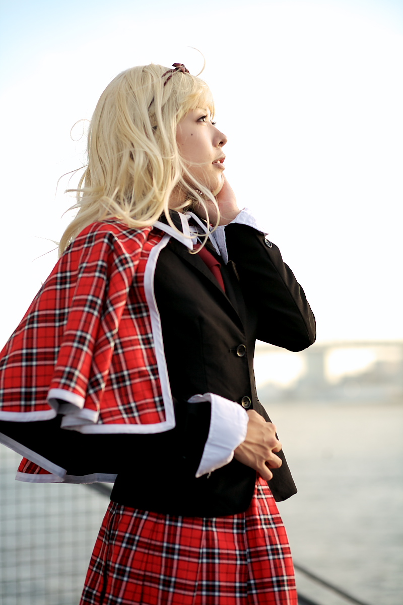 mashiro rima, shugo chara!, character request, highres, photo (medium), source request, blazer, blonde hair, bow, cape, cosplay, hair bow, maritsuki haru, pleated skirt, school uniform, skirt, tartann