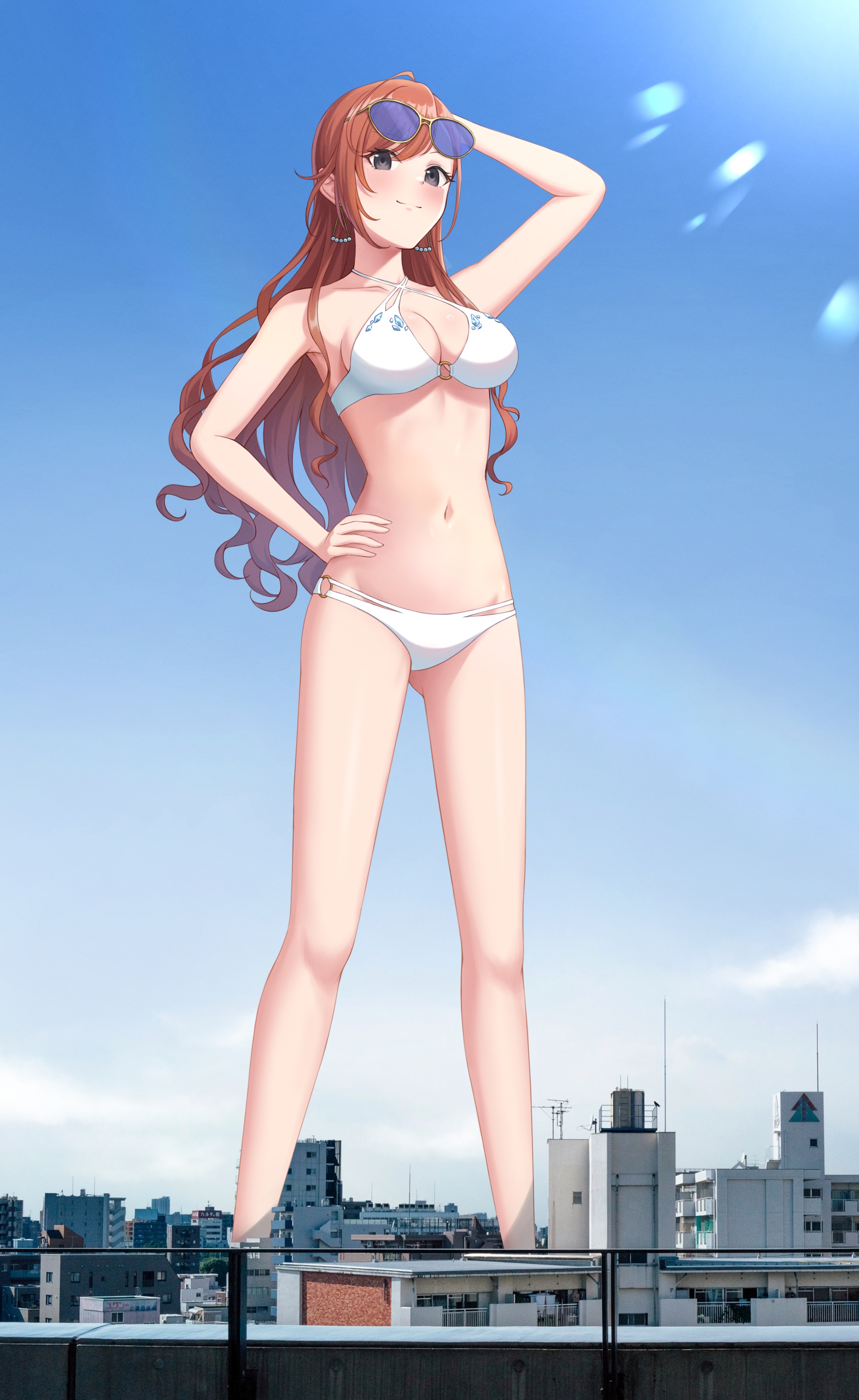 numaguro (tomokun0808), arisugawa natsuha, idolmaster, idolmaster shiny colors, absurdres, commission, highres, skeb commission, 1girl, arm behind head, bikini, breasts, city, earrings, giant, giantess, grey eyes, hand on own hip, jewelry, long hair, midriff, model pose, navel, orange hair, photo background, red hair, reddish brown hair, smile, standing, stomach, sunglasses, sunglasses on head, swimsuit, white bikini
