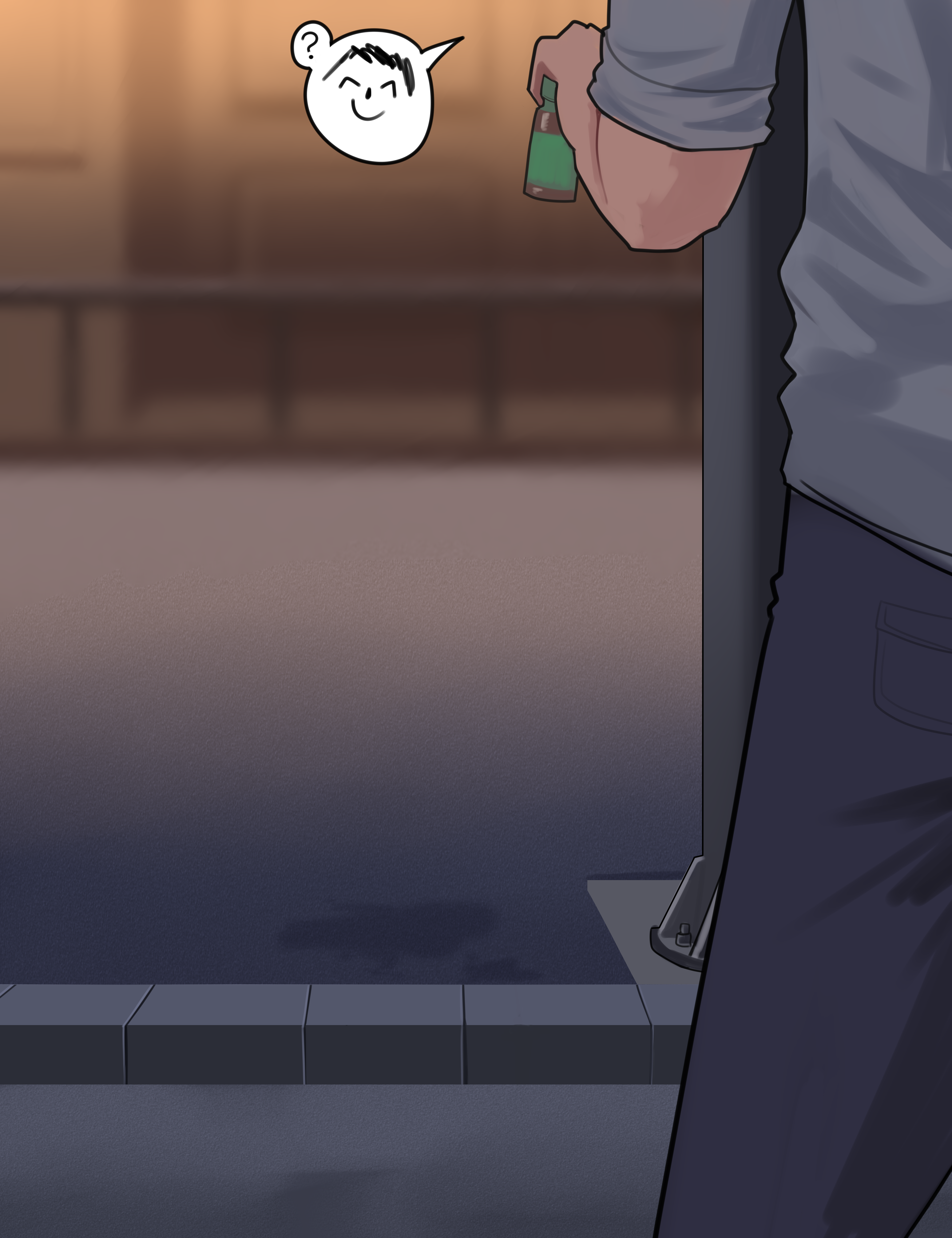 arapanchi, sensei (blue archive), blue archive, absurdres, commentary, highres, 1boy, ?, black pants, blurry, blurry background, bottle, grey shirt, holding, holding bottle, lower body, male focus, outdoors, pants, road, shirt, solo, speech bubble, spoken question mark, stain, street