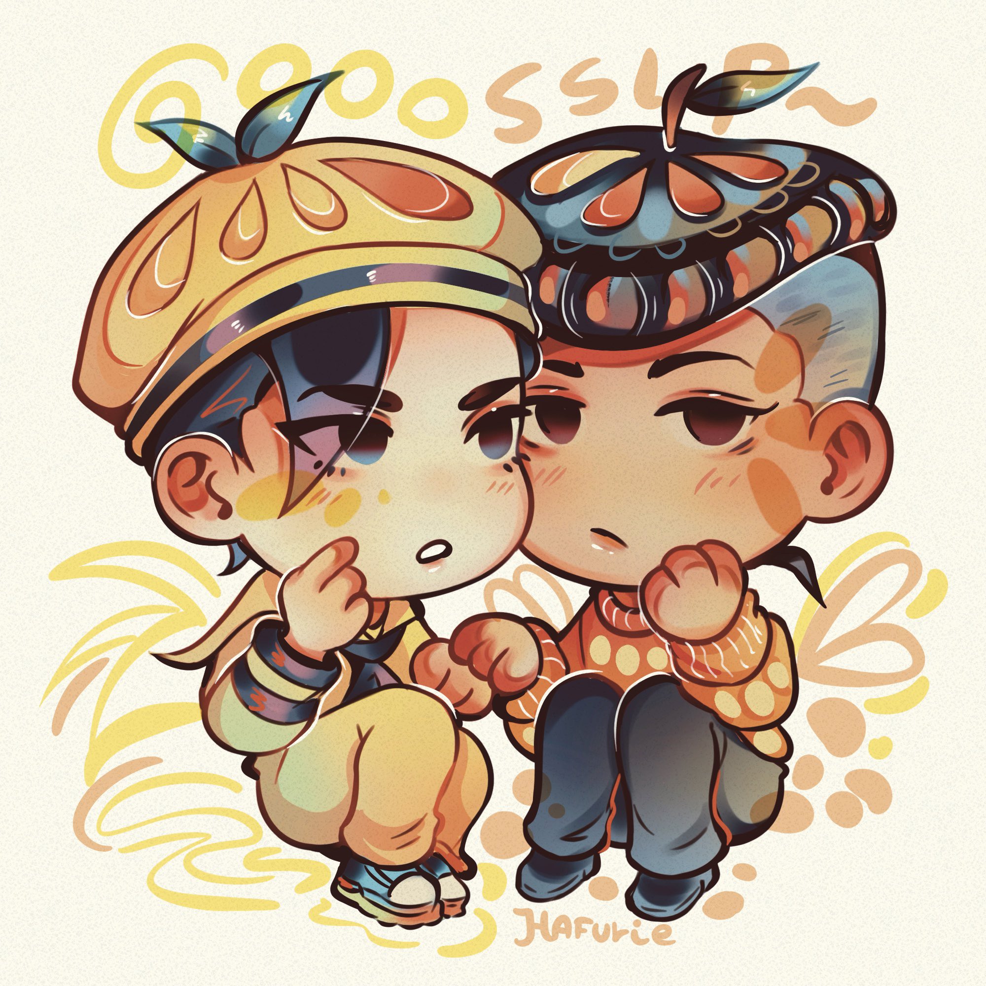 kira yoshikage (jojolion), jojo no kimyou na bouken, jojolion, commentary, english commentary, highres, 2boys, black eyes, black hair, black pants, blue eyes, blue shoes, brown eyes, chibi, chibi only, food print, fruit print, grey hair, hafurie, hat, holding hands, kujo josefumi, long sleeves, male focus, multiple boys, orange sweater, pants, polka dot sweater, pompadour, sailor, sailor collar, sailor hat, shirt, shoes, short hair, sneakers, sweater, undercut, yellow hat, yellow pants, yellow sailor collar, yellow shirt