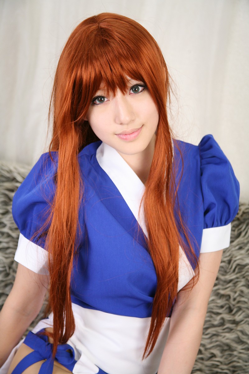saya (cosplayer), kasumi (doa), dead or alive, tecmo, white legwear, highres, photo (medium), 1girl, asian, cosplay, couch, curtains, female focus, indoors, kasumi (doa) (cosplay), long hair, looking at viewer, ninja, pelvic curtain, red hair, solo
