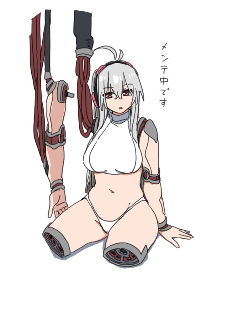 durindana 7, original, tagme, ahoge, breasts, cyborg, grey hair, headphones, large breasts, midriff, red eyes, simple background, white background, wire