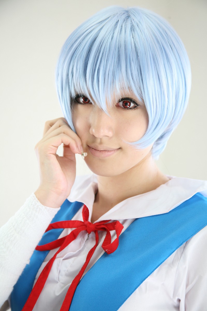 saya (cosplayer), ayanami rei, neon genesis evangelion, highres, photo (medium), bandages, blue hair, cosplay, sailor, school uniform, serafuku