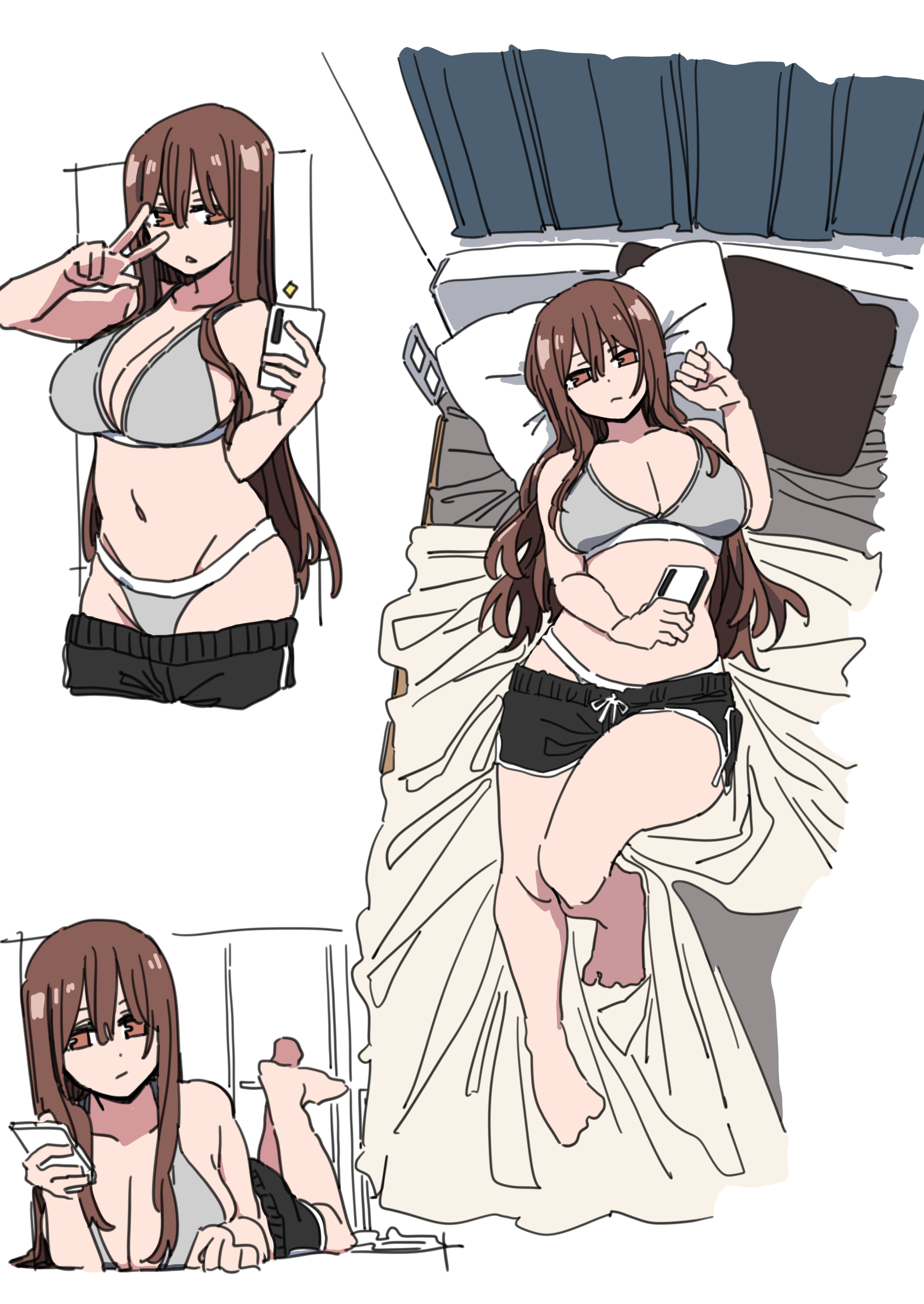 durindana 7, original, absurdres, highres, tagme, bra, breasts, brown eyes, brown hair, cellphone, grey bra, grey panties, large breasts, long hair, lying, navel, on back, on bed, on stomach, panties, peac, phone, simple background, smartphone, underwear