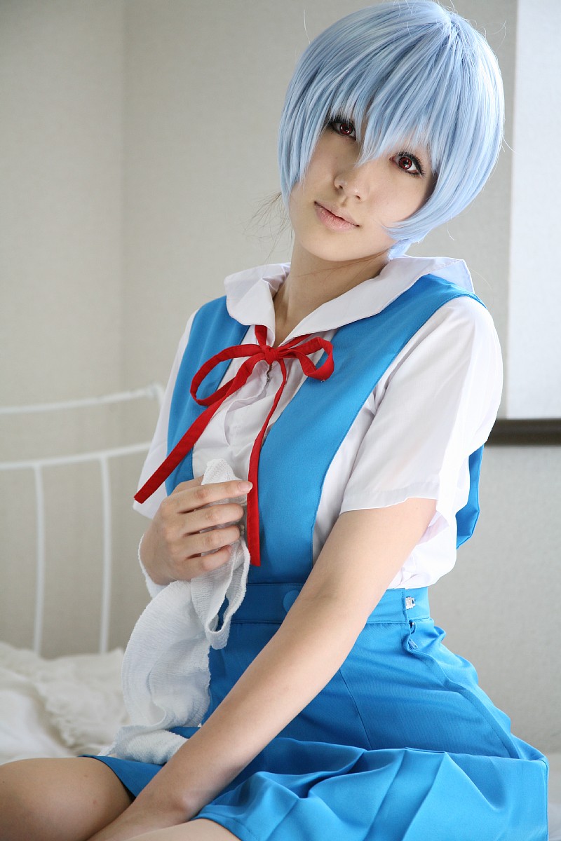 saya (cosplayer), ayanami rei, neon genesis evangelion, highres, photo (medium), bandages, blue hair, cosplay, sailor, school uniform, serafuku