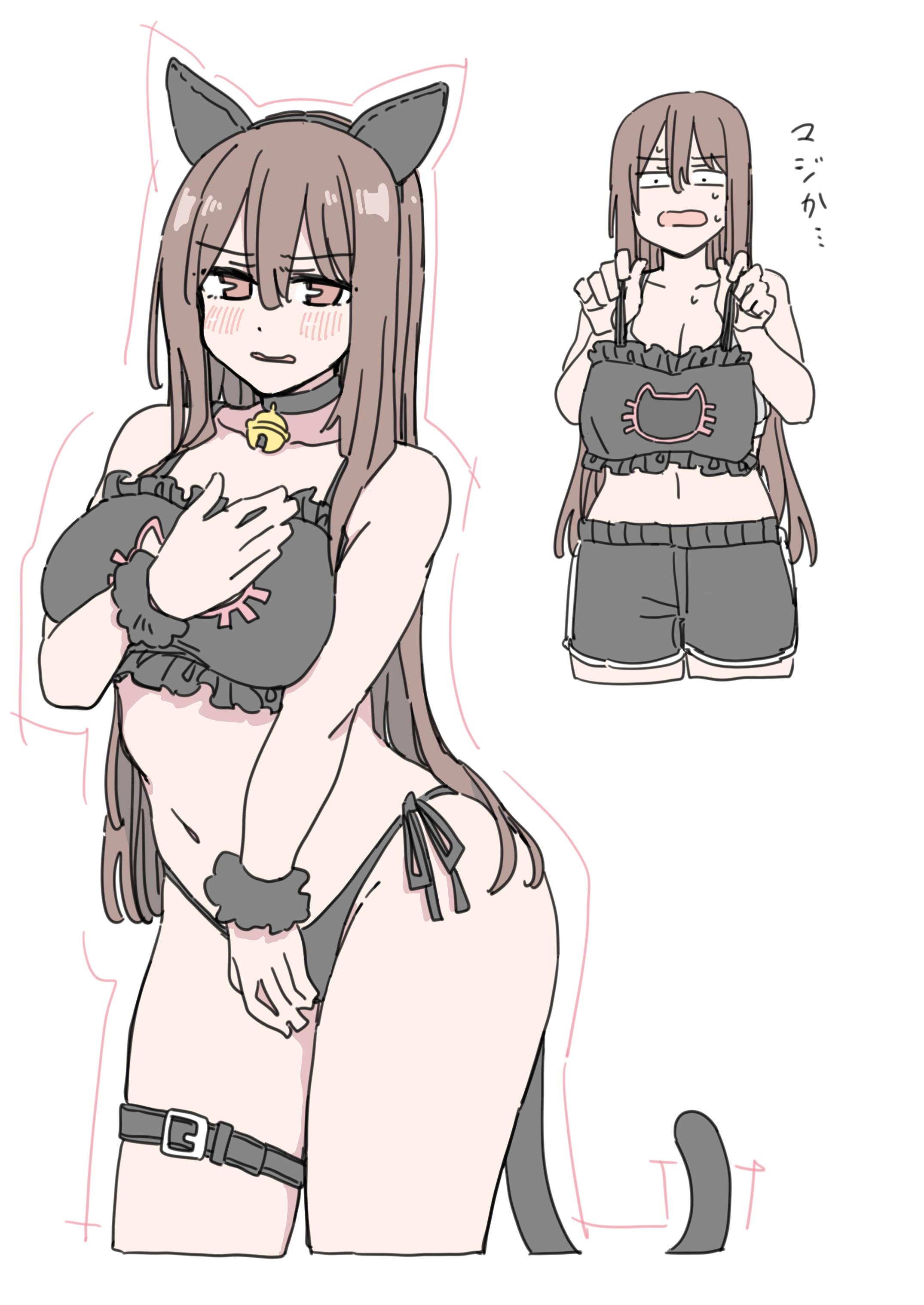 durindana 7, original, absurdres, highres, tagme, animal ears, bell, breasts, brown eyes, brown hair, cat ears, cat lingerie, cat tail, hair between eyes, large breasts, long hair, neck bell, simple background, tail, white background