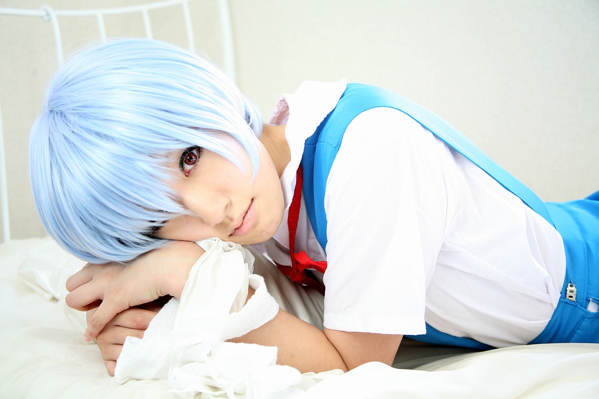 saya (cosplayer), ayanami rei, neon genesis evangelion, photo (medium), bandages, blue hair, cosplay, sailor, school uniform, serafuku