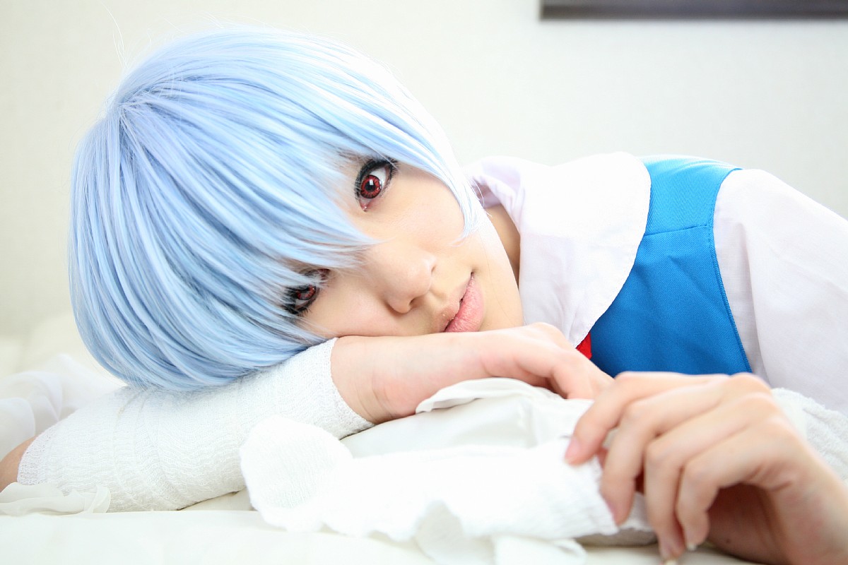 saya (cosplayer), ayanami rei, neon genesis evangelion, photo (medium), bandages, blue hair, cosplay, sailor, school uniform, serafuku