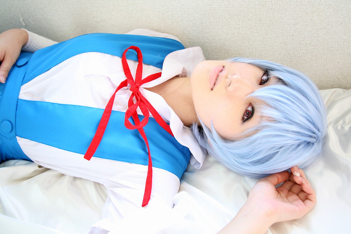 saya (cosplayer), ayanami rei, neon genesis evangelion, photo (medium), bandages, blue hair, cosplay, sailor, school uniform, serafuku