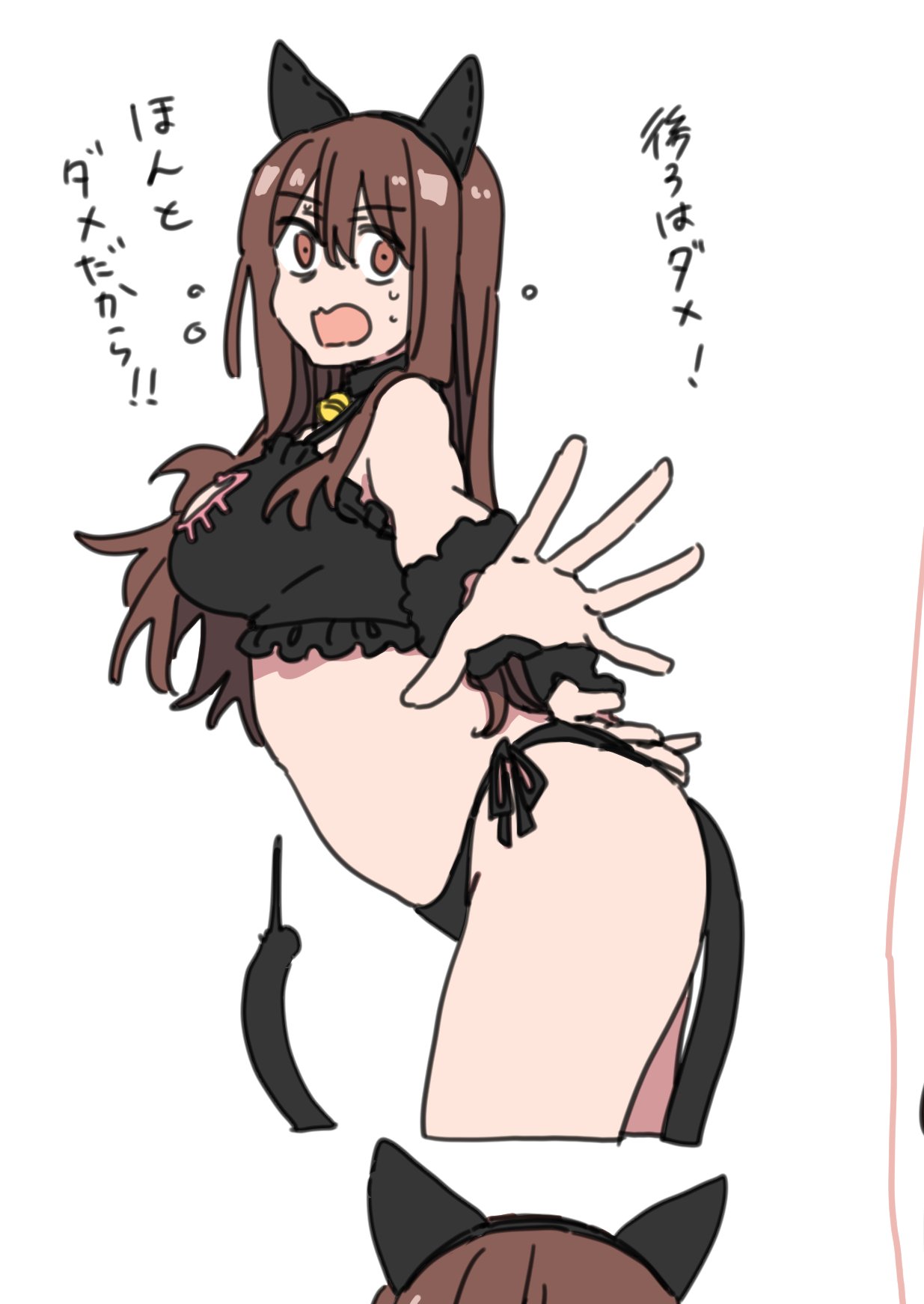 durindana 7, original, highres, tagme, animal ears, breasts, brown eyes, brown hair, cat ears, cat lingerie, cat tail, flying sweatdrops, large breasts, long hair, reaching, reaching towards viewer, simple background, tail, white background