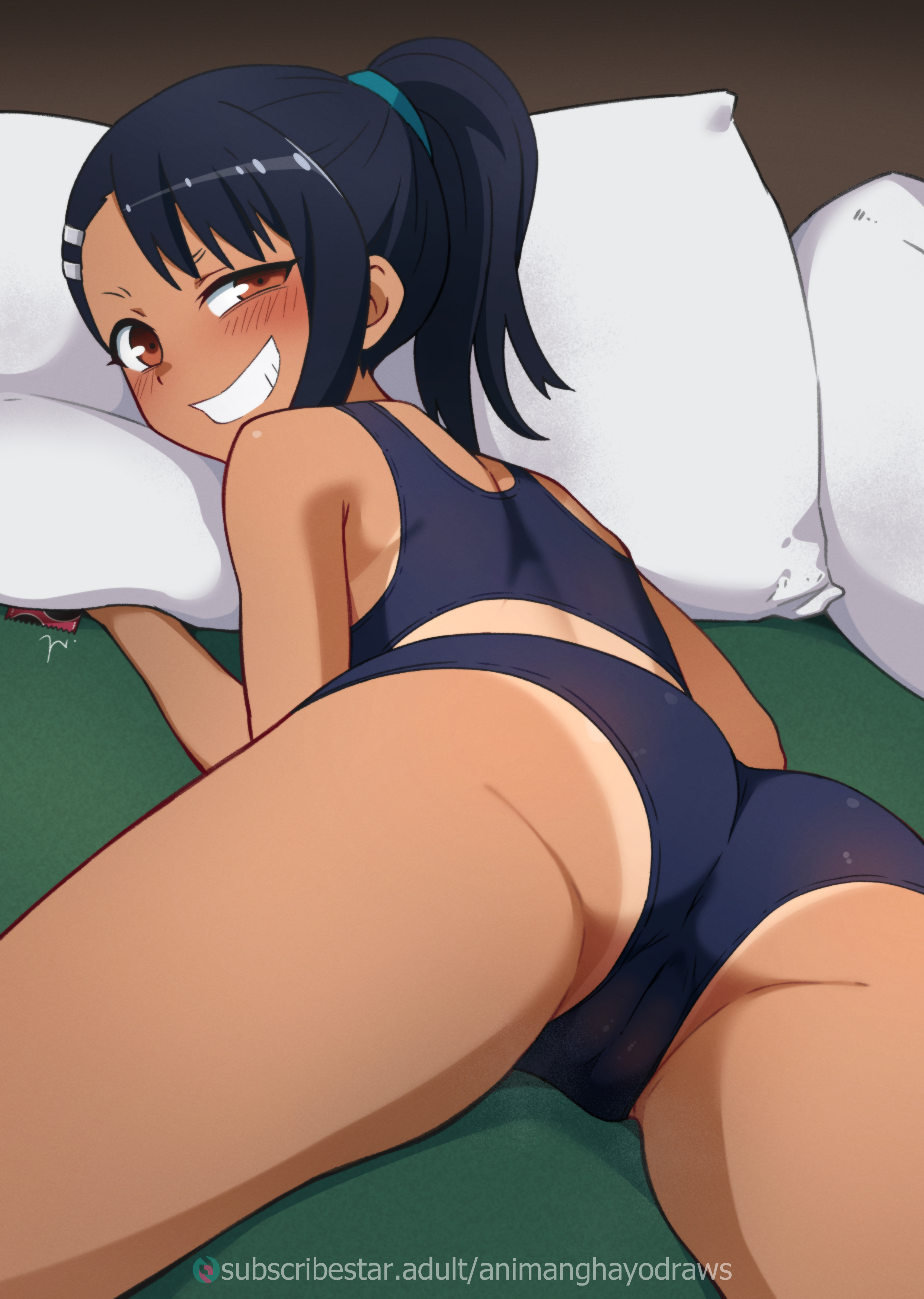animanghayo, nagatoro hayase, ijiranaide nagatoro-san, absurdres, clip studio paint (medium), highres, paid reward available, 1girl, alternate hairstyle, artist name, ass, bed, black hair, cameltoe, condom, dark-skinned female, dark skin, from behind, grin, half-closed eye, high ponytail, looking at viewer, looking back, lying, naughty face, on bed, on stomach, pillow, ponytail, skin tight, smile, solo, subscribestar logo, subscribestar username, tan, tanline, thighs, watermark, web address