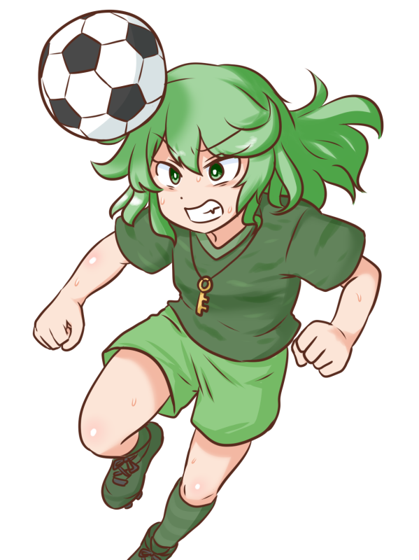 mizusoba, yamashiro takane, touhou, commentary, commission, 1girl, ball, bright pupils, clenched teeth, foot out of frame, green eyes, green hair, green shirt, green shoes, green shorts, green socks, hair between eyes, headbutt, jewelry, key, key necklace, knee up, kneehighs, medium hair, necklace, shirt, shoes, short sleeves, shorts, simple background, soccer ball, socks, solo, sweat, t-shirt, teeth, v-shaped eyebrows, white background, white pupils
