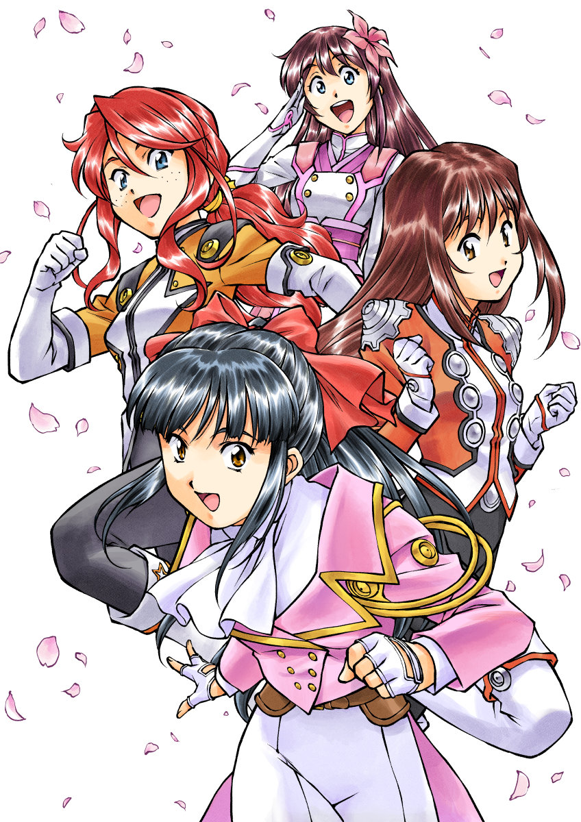 ikkyu masa, amamiya sakura, erica fontaine, gemini sunrise, shinguuji sakura, sakura taisen, sakura taisen iii, sakura taisen v, shin sakura taisen, highres, 4girls, black hair, black pants, blue eyes, boots, cherry blossoms, flower, freckles, hair tie, jacket, long hair, looking at viewer, military uniform, multiple girls, open mouth, orange jacket, pants, petals, pink flower, pink jacket, ponytail, red hair, red jacket, red ribbon, ribbon, salute, scarf, sidelocks, white boots, white jacket, white pants, white scarf
